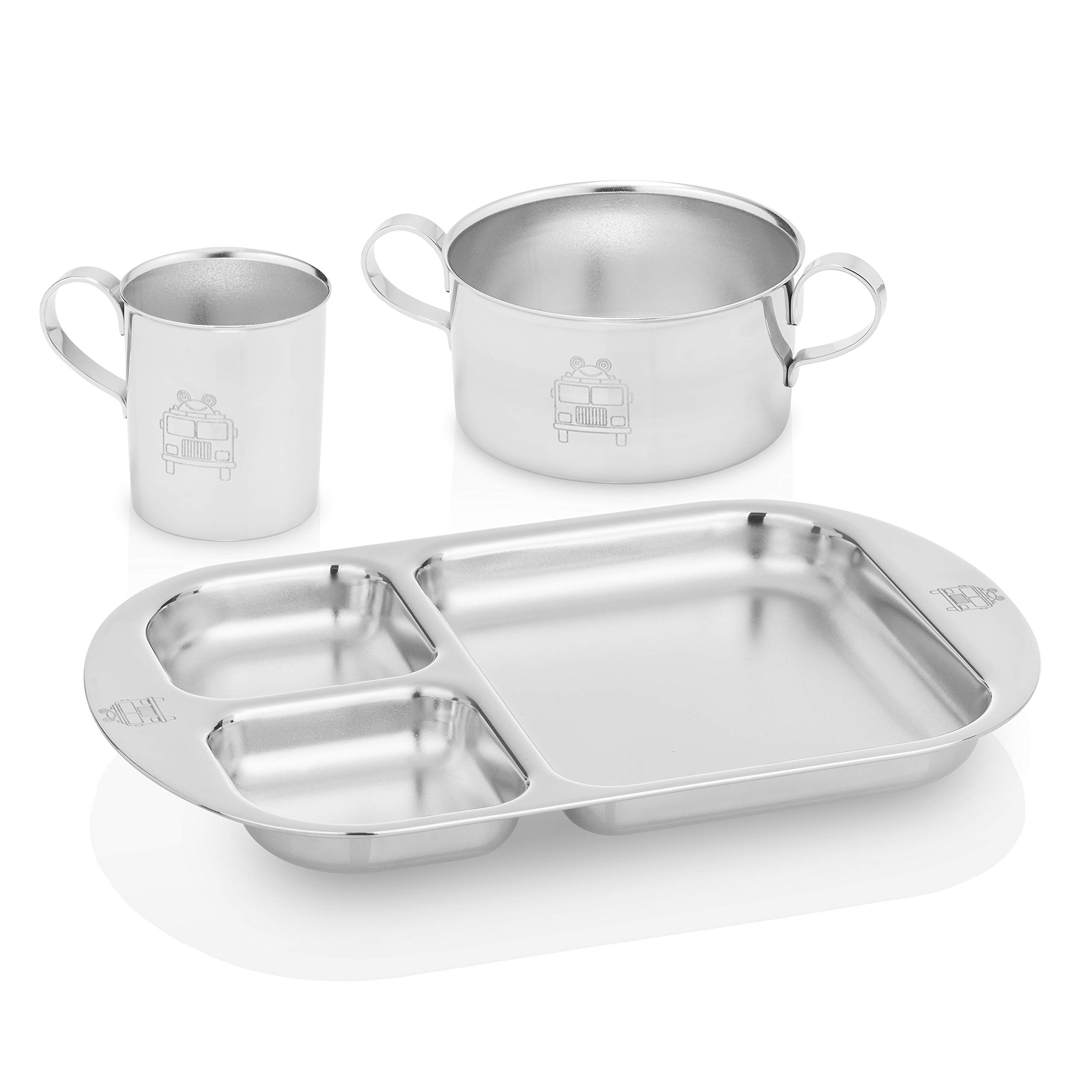Children's Premium Stainless Steel Dinnerware Set |1 Bowl with Handles, 1 Cup with Handle & 1 Divided Plate | Fun Fire Truck Design | | Ideal for
