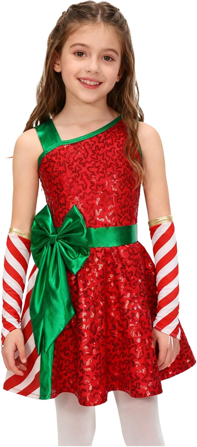 Hansber Kids Girls Christmas Party Dress Up Xmas Sleeveless Bow Knot Sequin Dance Dress with Stripe Oversleeves