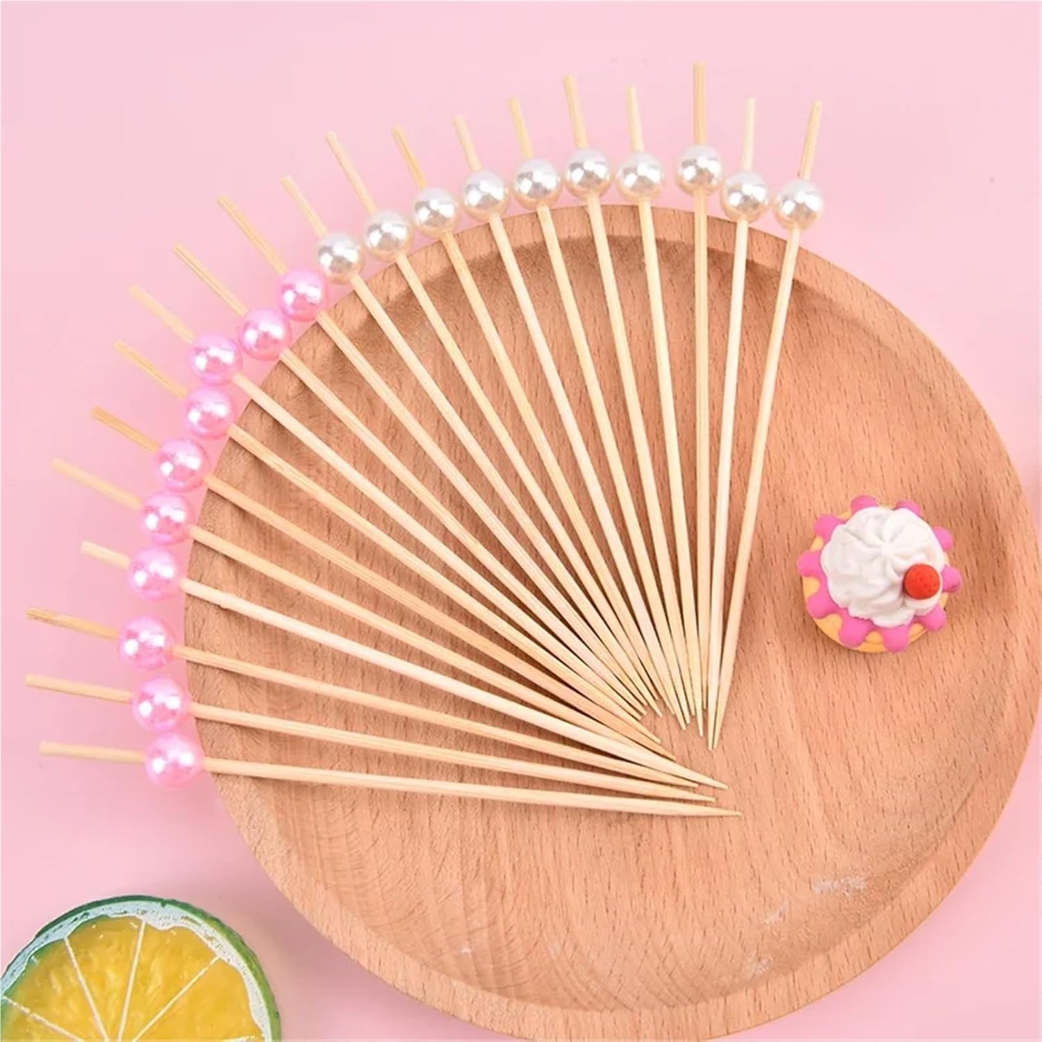 Fruit Skewers 100Pcs Pearl Cocktail Picks Wooden Toothpick Skewer Snack Fork Fruit(Pink)