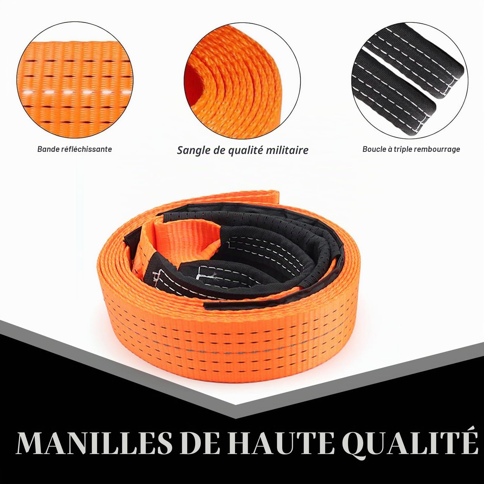 Corde de Remorquage Voiture, 10 Tonnes (22 046 LB) Corde Remorquage Voiture 5 M X 5 CM, avec 2 Manilles, Gants et Sac de Rangement, Pas Facile à Casser, Nouveau Style