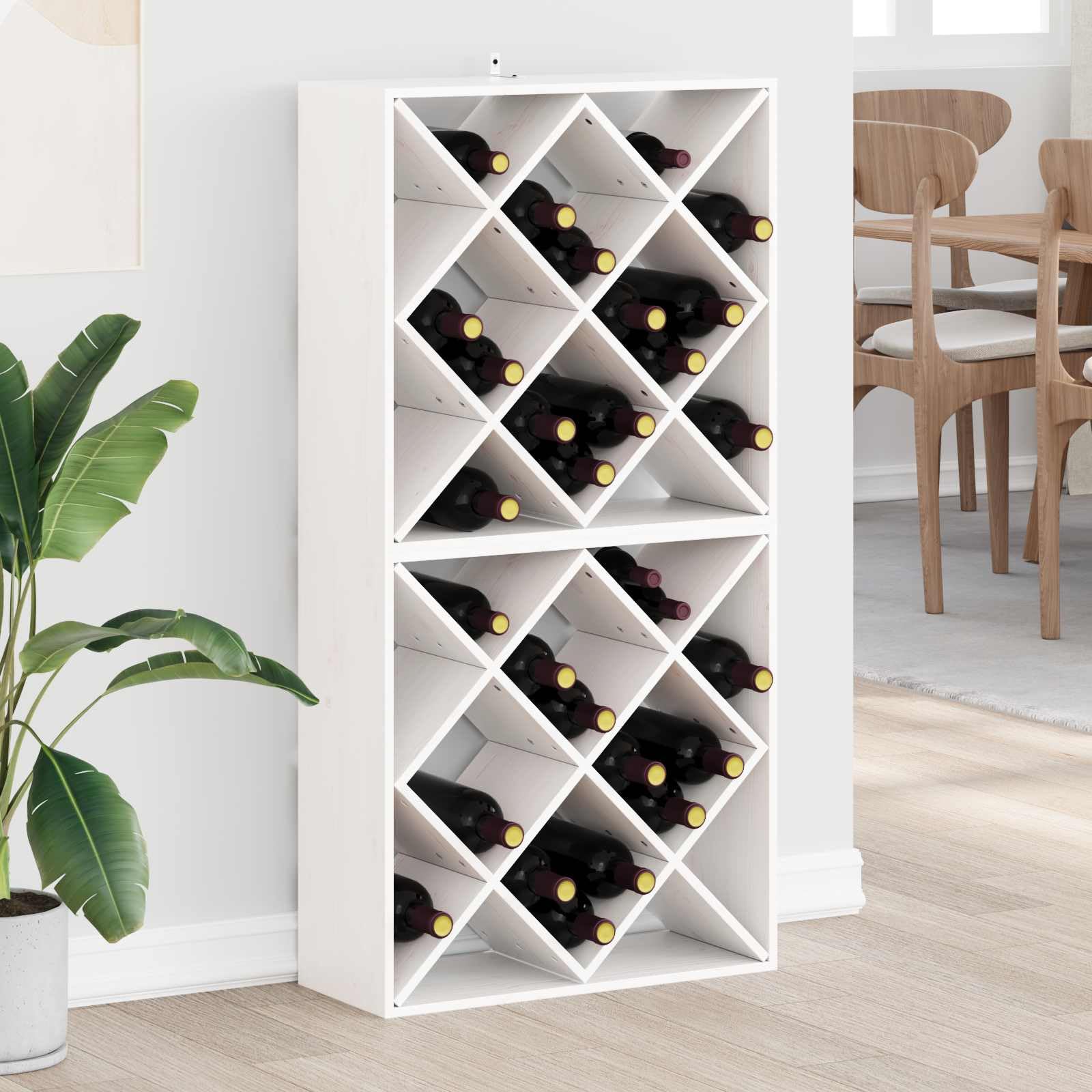 Botellero de madera de pino maciza, juego de 2 unidades, color blanco, 62 x 25 x 62 cm, para botellas de vino, interior, con espacio de almacenamiento para sala de estar y cocina