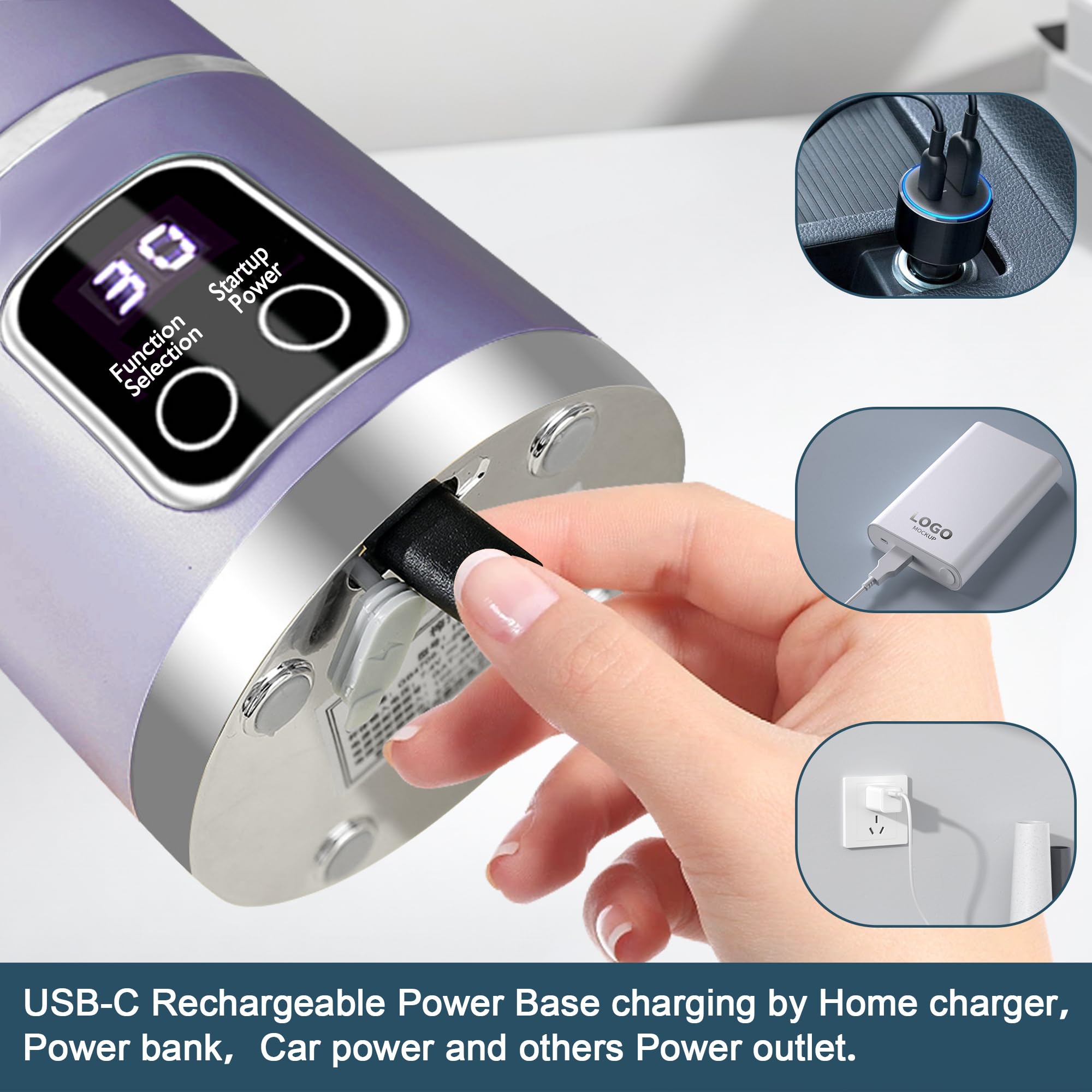 Licuadora portátil, recargable por USB-C, exprimidor de viaje compacto personal de 15 onzas para batidos, batidos, jugo fresco, autolimpieza, tapa a prueba de fugas, pantalla de tiempo inteligente, 12