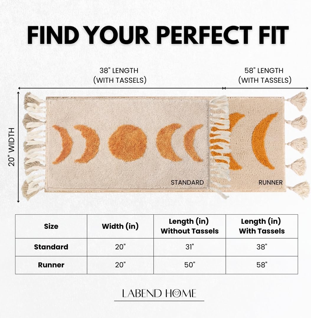 LABEND HOME Moon Phase Boho Bathroom Runner - Soft Washable Bath Mat with Tassels - Non-Slip Microfiber - Orange Beige - 20x58 in (20x50” Without Tassels)