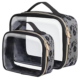 PACKISM Floral Texture Lace TSA Approved Toiletry Bag 1 Large 1 Medium - 2 Pack 180 Large Opening Clear Makeup Bags, TSA Clear Toiletry Bag with Handle, 0.5 mm Thick Non-deformable No Smell, Black