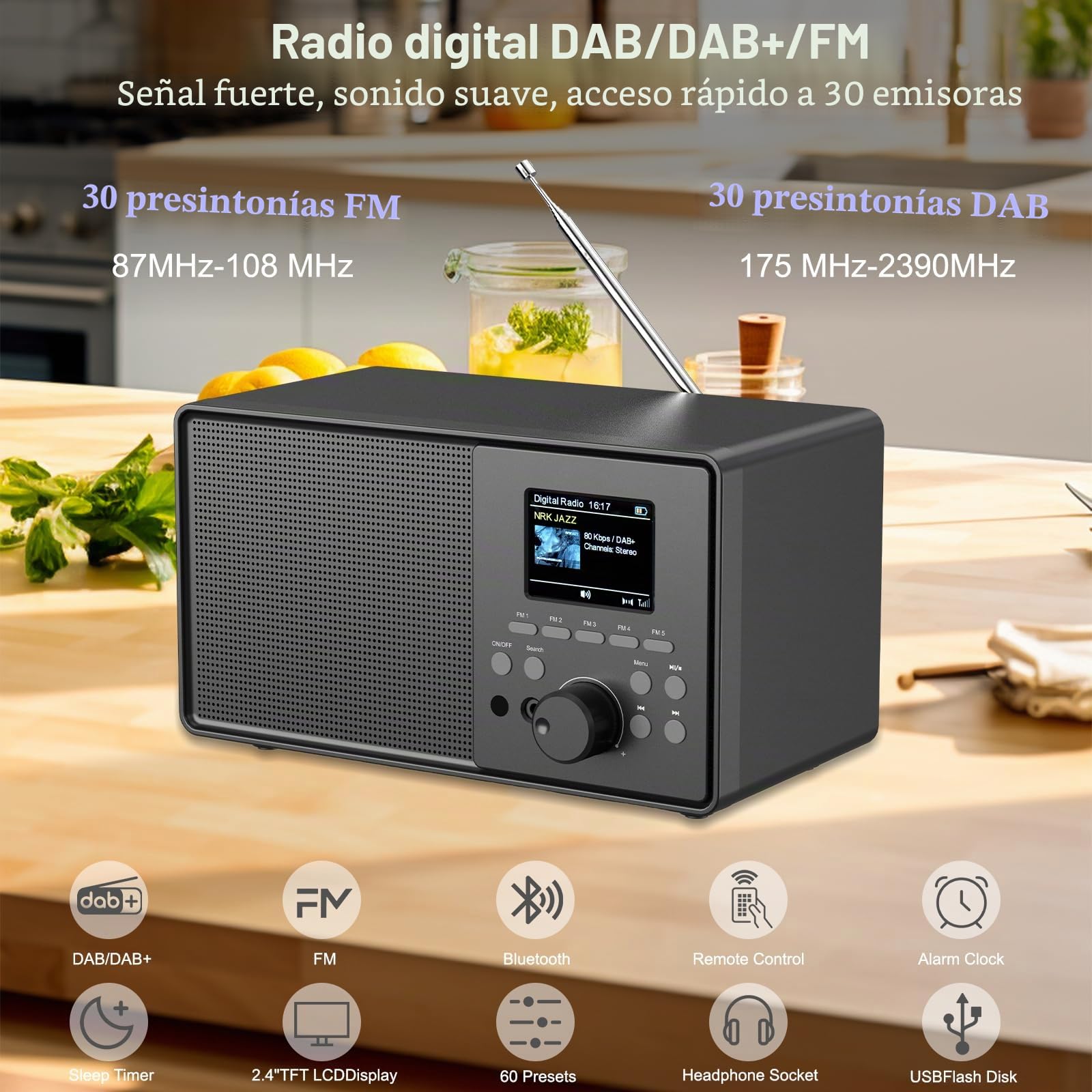 Radio Dab Plus Dab+/FM con Bluetooth,Digital Radio Portátil Retro y Mando a Distancia, Nostálgico Radio Despertador Doble,Radio de Cocina, 30 Emisoras, USB/AUX, Temporizador de Sueño (Negro)