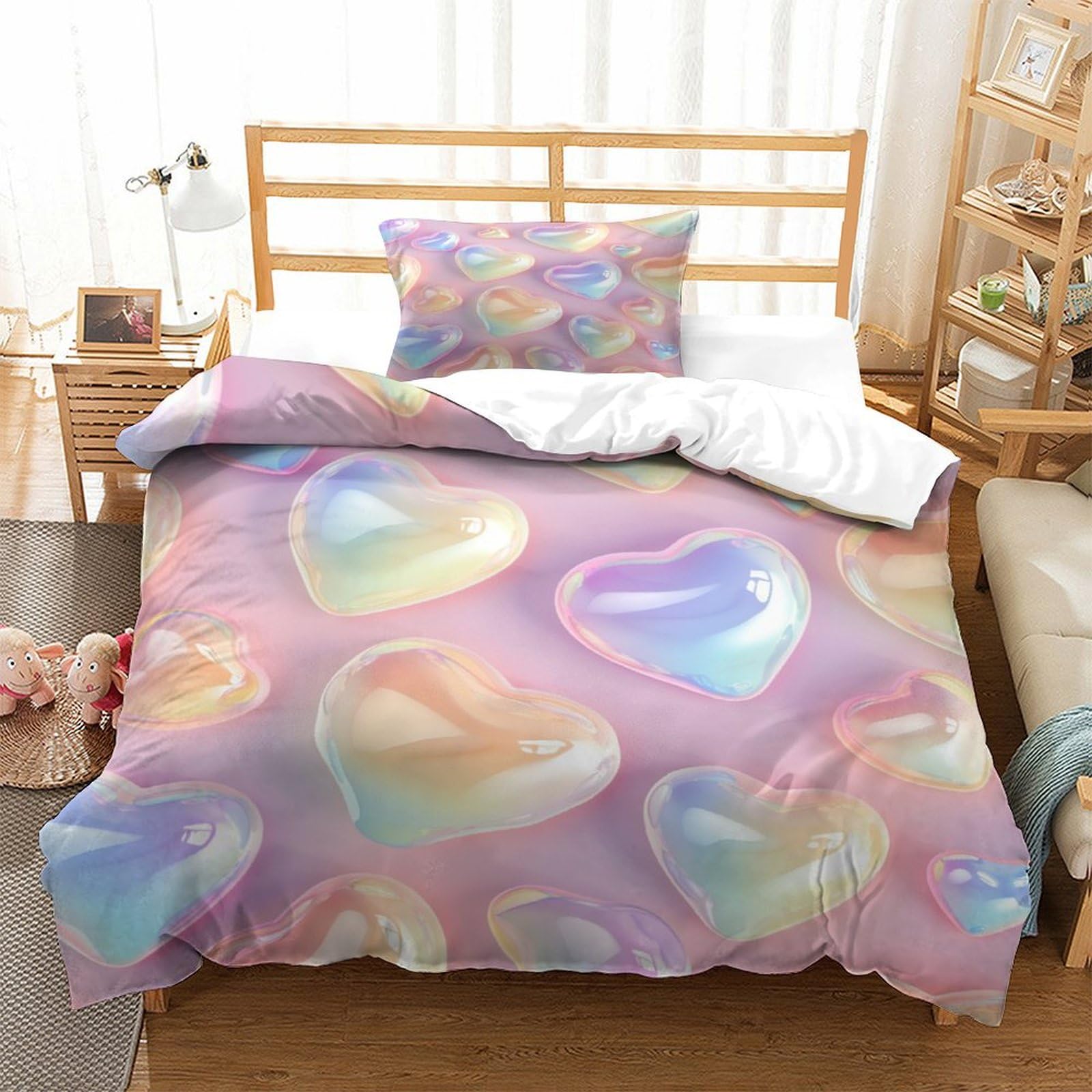 P1S9U7W5Y Iridescent Heart 3D Printed Duvet Cover Set 3pcs Soft Microfiber Gradient Heart Bedding Set for Bedroom Single（135x200cm）