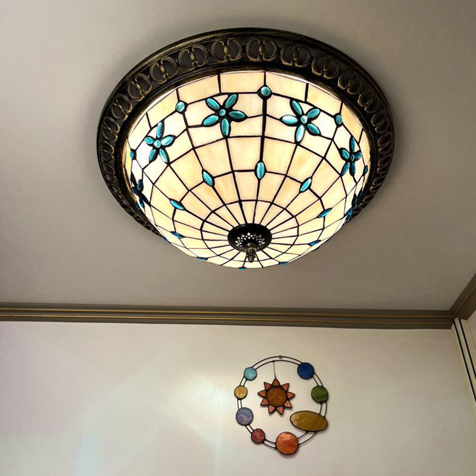 Aioneer Tiffany Ceiling Lights,Stained Glass Ceiling Light,Tiffany Flush Mount Ceiling Light For Bedroom Dining Living Room Entryway Foyer Hallway Kitchen,Mediterranean Ceiling L-Blue 3-16in