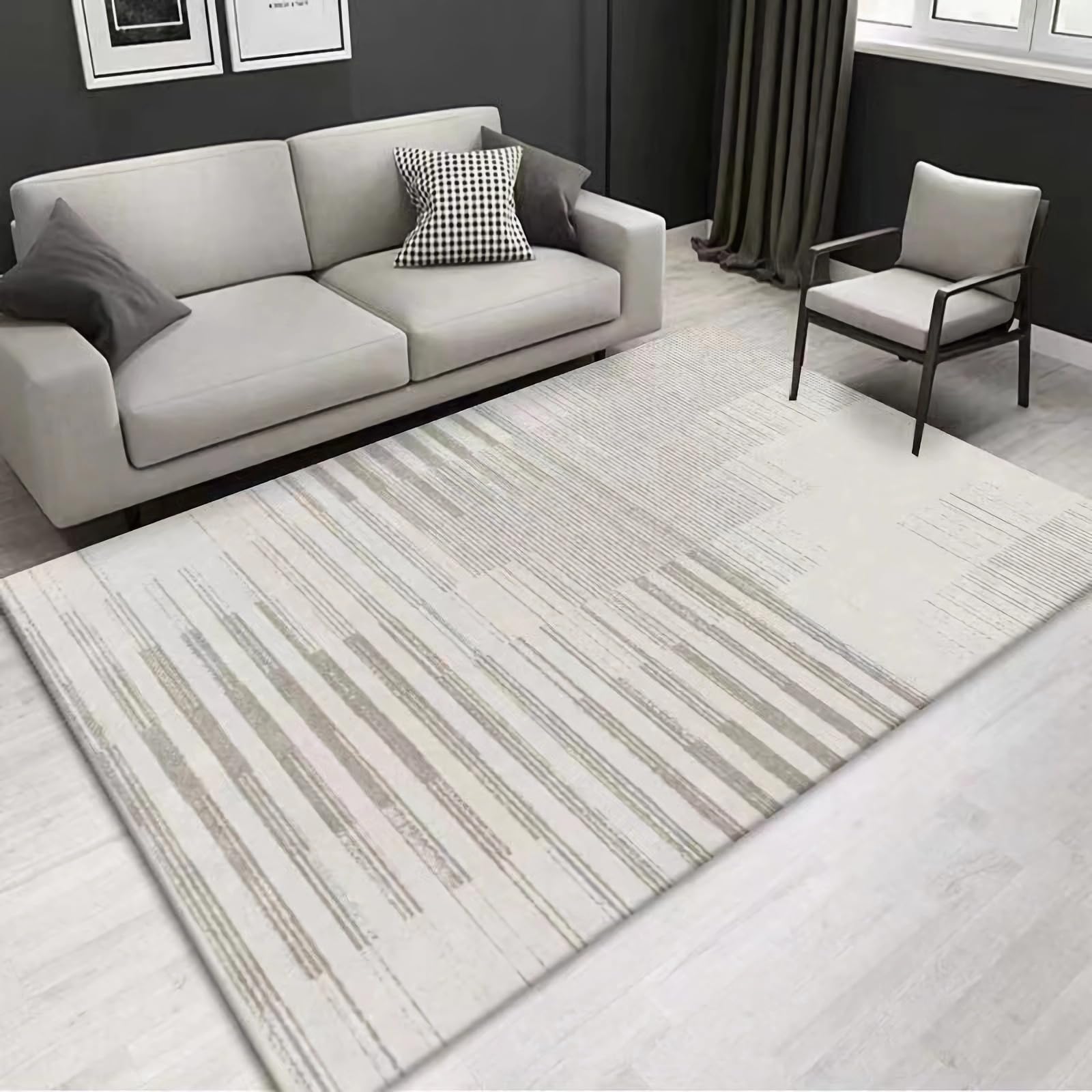 Tapis de salon gris à rayures 60x160cm lavable et antidérapant
