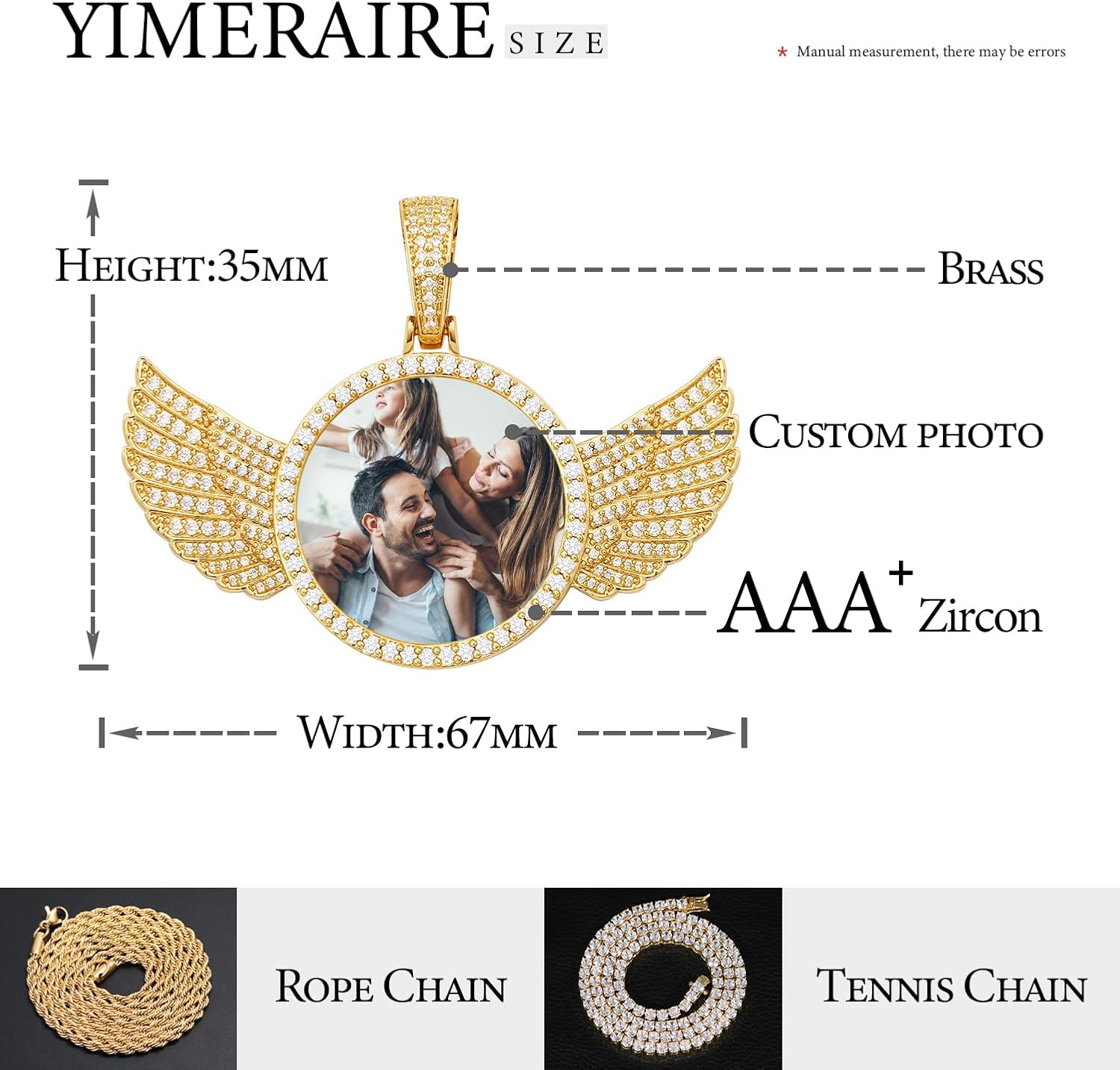 YIMERAIRE Custom Picture Chain for Men Women Angel Wing Round Pendant Picture Necklace Personalized Photo Necklace Customized Memorial Pendant with Image 24in Gold Cuban Chain
