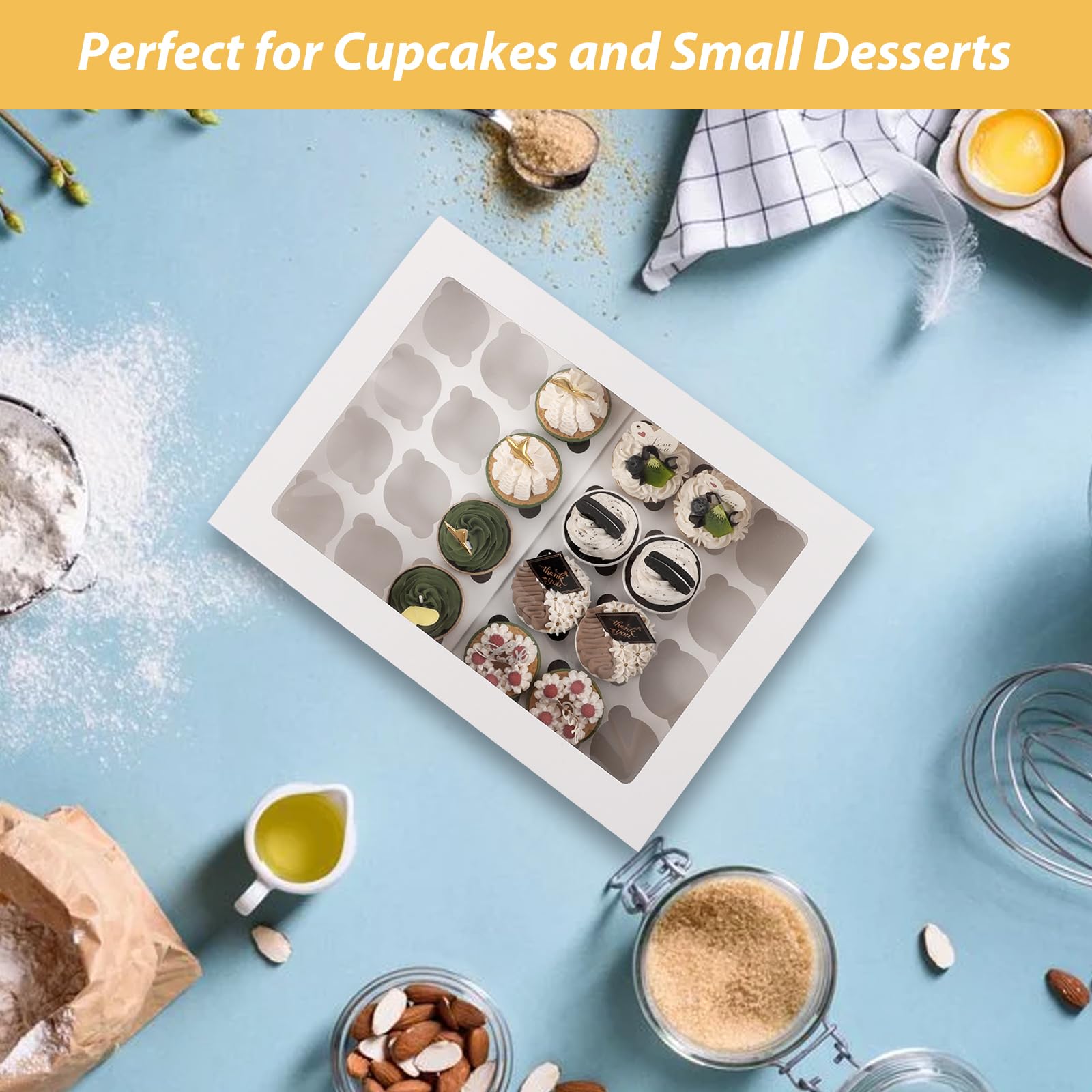 Paquete de 10 cajas para cupcakes, 24 recipientes desechables para cupcakes, 24 unidades con ventana, soporte blanco para cupcakes y pasteles