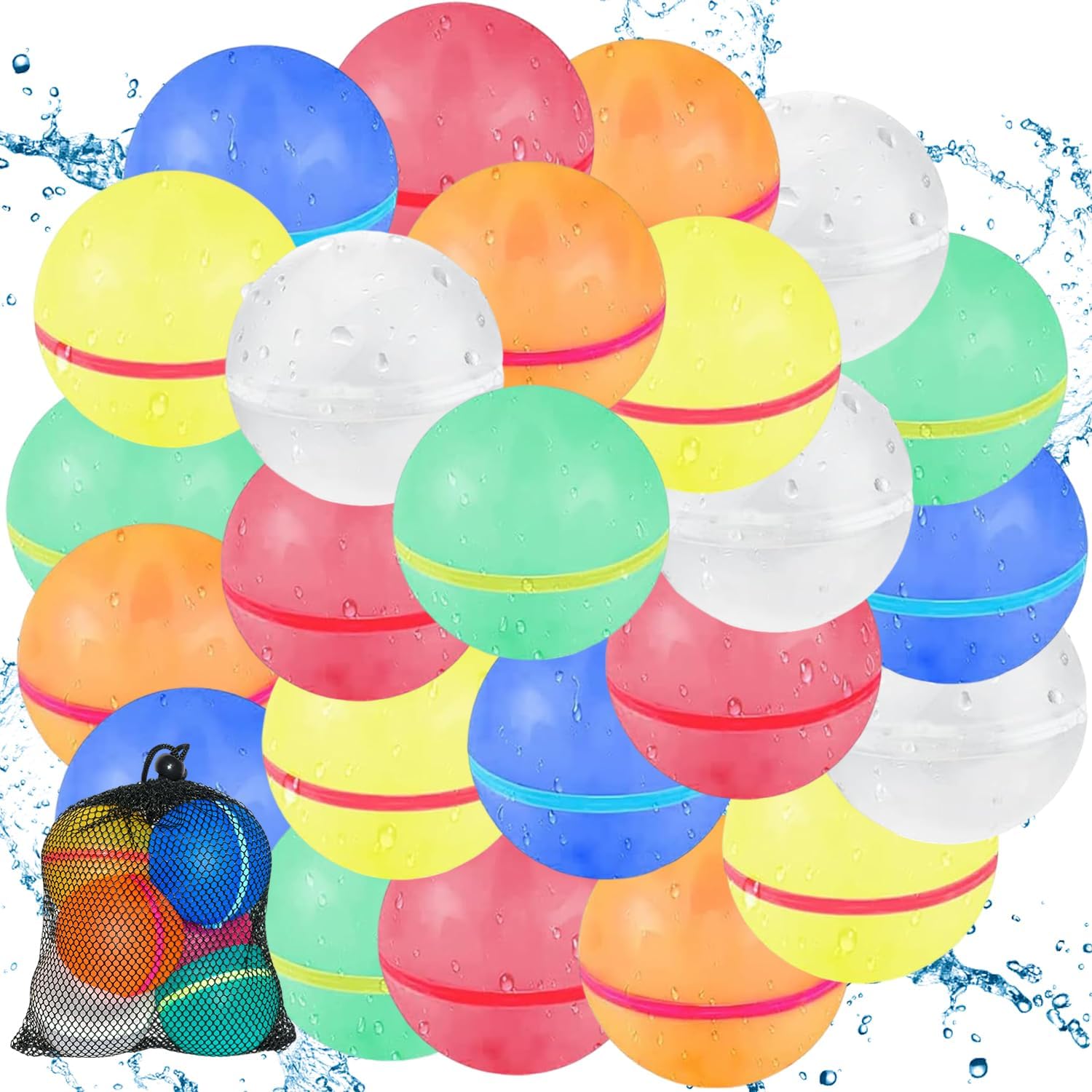 Reusable Water Balloons, Magnetic Refillable Water Bomb Balloons, Quick Fill Self-Sealing Water Splash Ball with Portable Mesh Bag for Summer Outdoor Play, Pool Party Backyard Fun Water Toys (24 PCS)