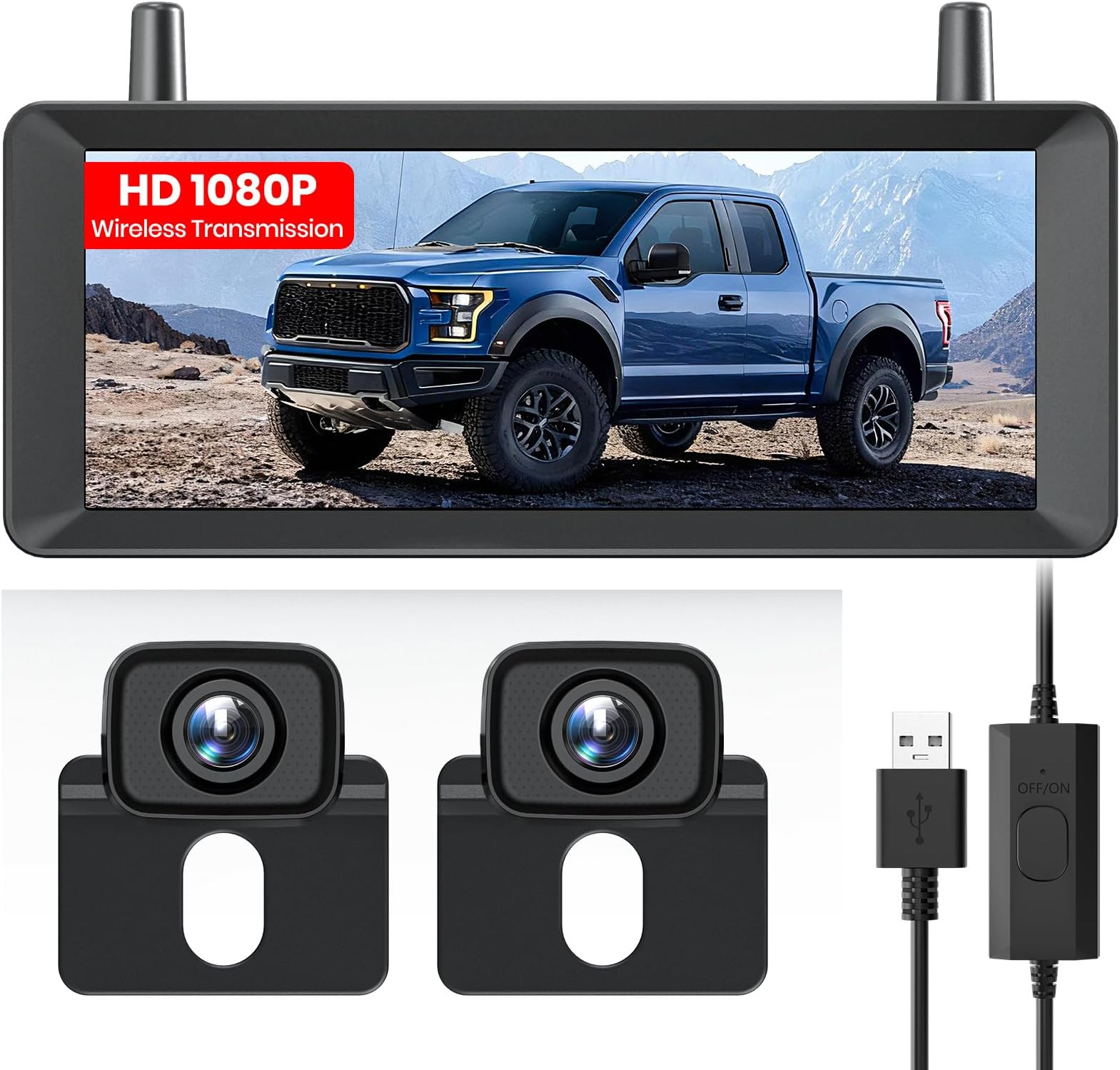 AUTO-VOX 2 Wireless Reversing Camera Kit: 7.2" USB-Powered Dual Split-Screen 1080P HD Monitor With DVR Recording, Front and Rear Coverage, Stable Signal, Reverse Camera for Van, Trailer, SUV