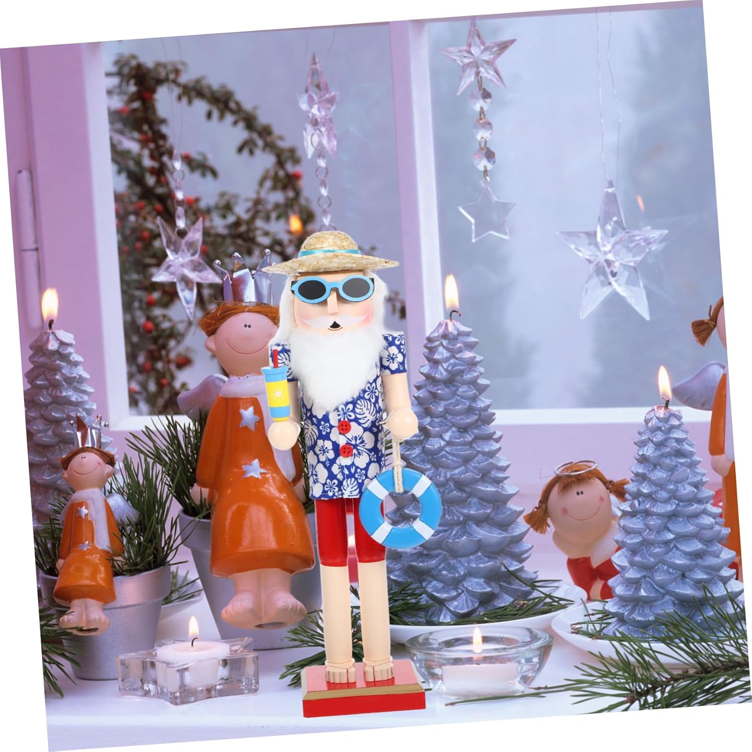 Healifty Wooden Nutcracker Figurine Hawaiian Style Christmas Ornament Bright Colored Xmas Table Decoration Craft Nutcracker Statue for Festive Holiday Cheer and Gift Giving