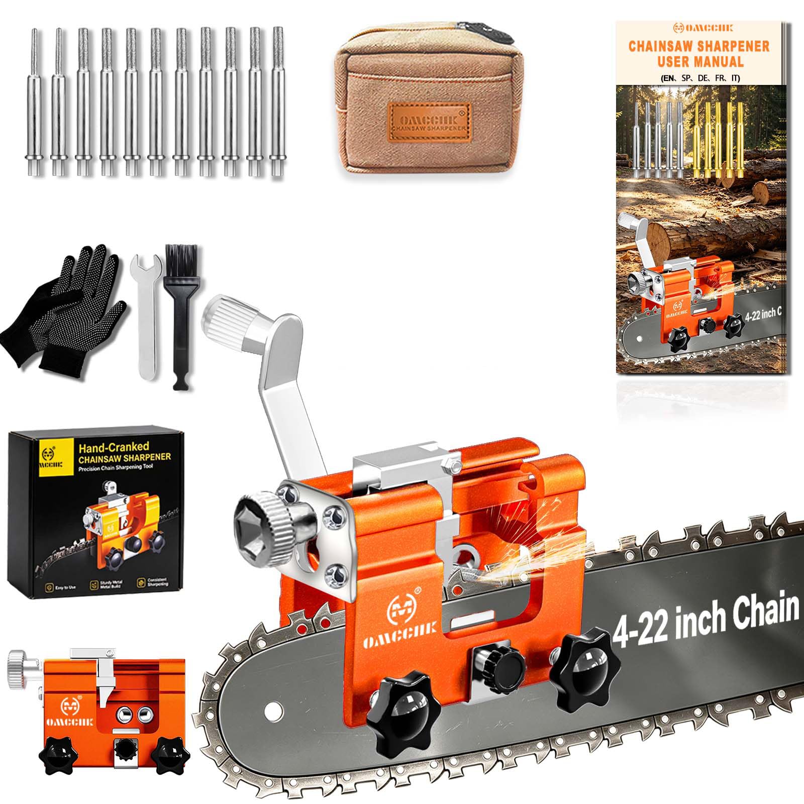 Chainsaw Sharpener Jig,11 Tungsten Bits &amp; Çarry Bag for 4-22" Chains