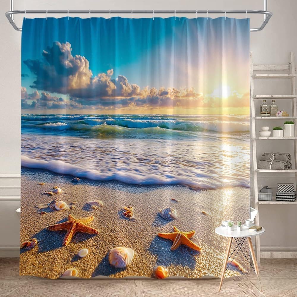 GLWDMB 1 Piece 90x180CM Coastal Beach Scene Printed Shower Curtain With Hook, Polyester, for Windows And Walls, Bathtub, Bathroom, Machine Washable, All Season Universal