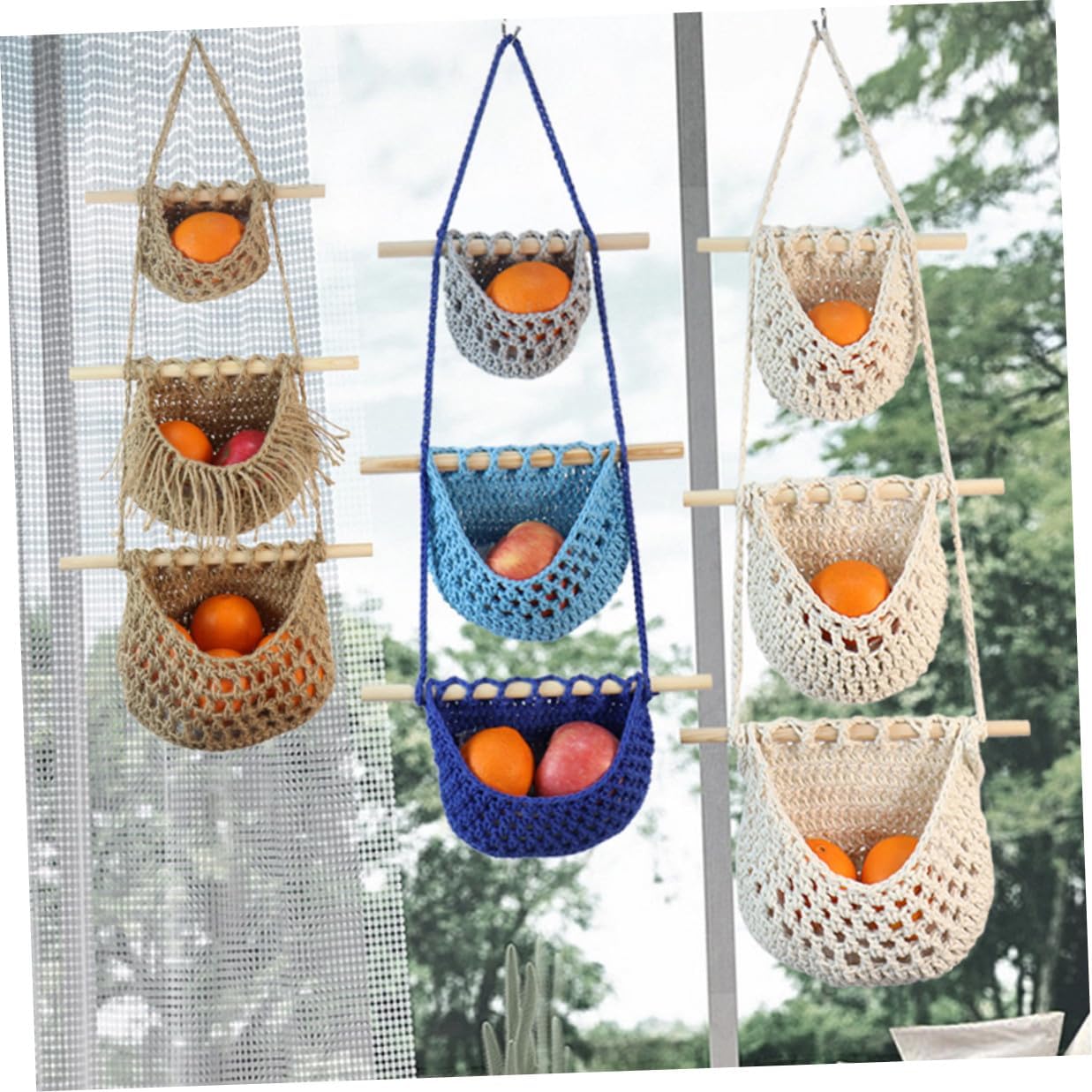 Hanging Fruit Basket Woven Cotton Rope Organizer Kitchen Storage with Ventilated Design for Fruits and Vegetables White Handcrafted Hammock for Wall Hanging and Home Decor