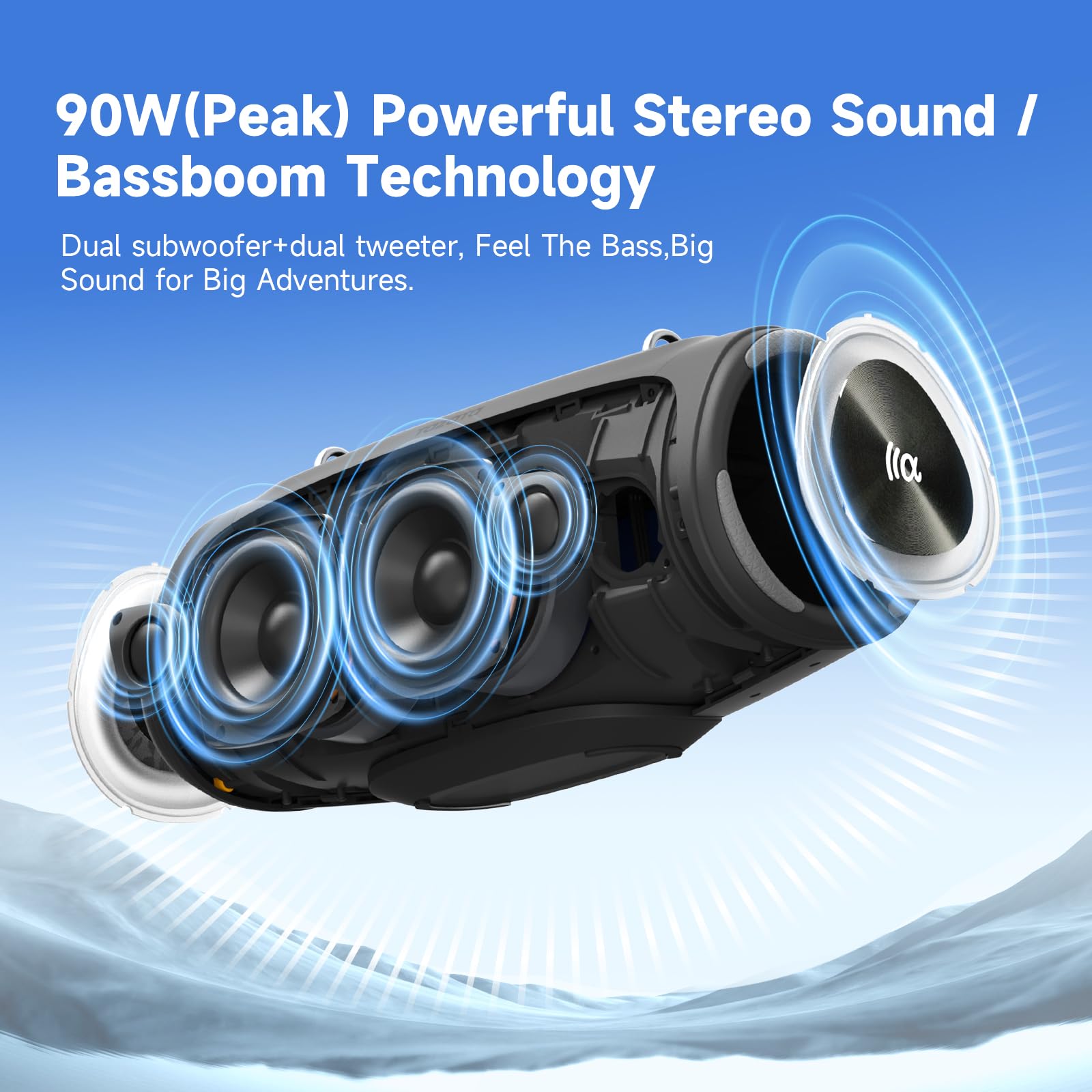 TAZATA Altoparlante Bluetooth portatile per esterni, subwoofer da 90 W, 100 + accoppiamento altoparlanti, BassUp 2.0, impermeabile IPX7, galleggiante, Bluetooth 5.3, luci RGB, 6 equalizzatori
