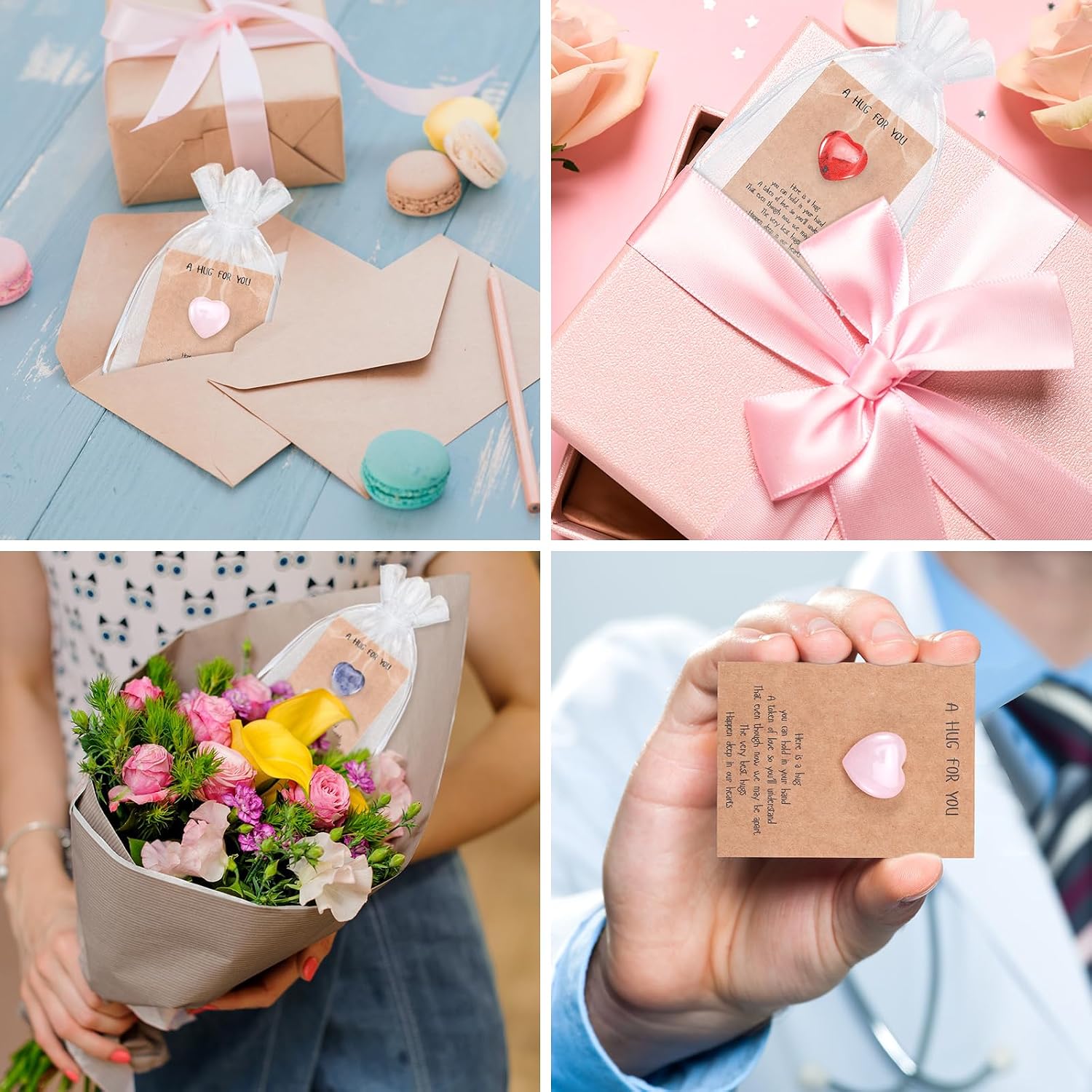 Motiskyy 40 Sets Pocket Hug Token Hug Small Gift Bulk Cards with Heart Shape Natural Stones Keepsake Exchange Relationship Cards for Colleagues Family Distance Social Celebration(Classic)