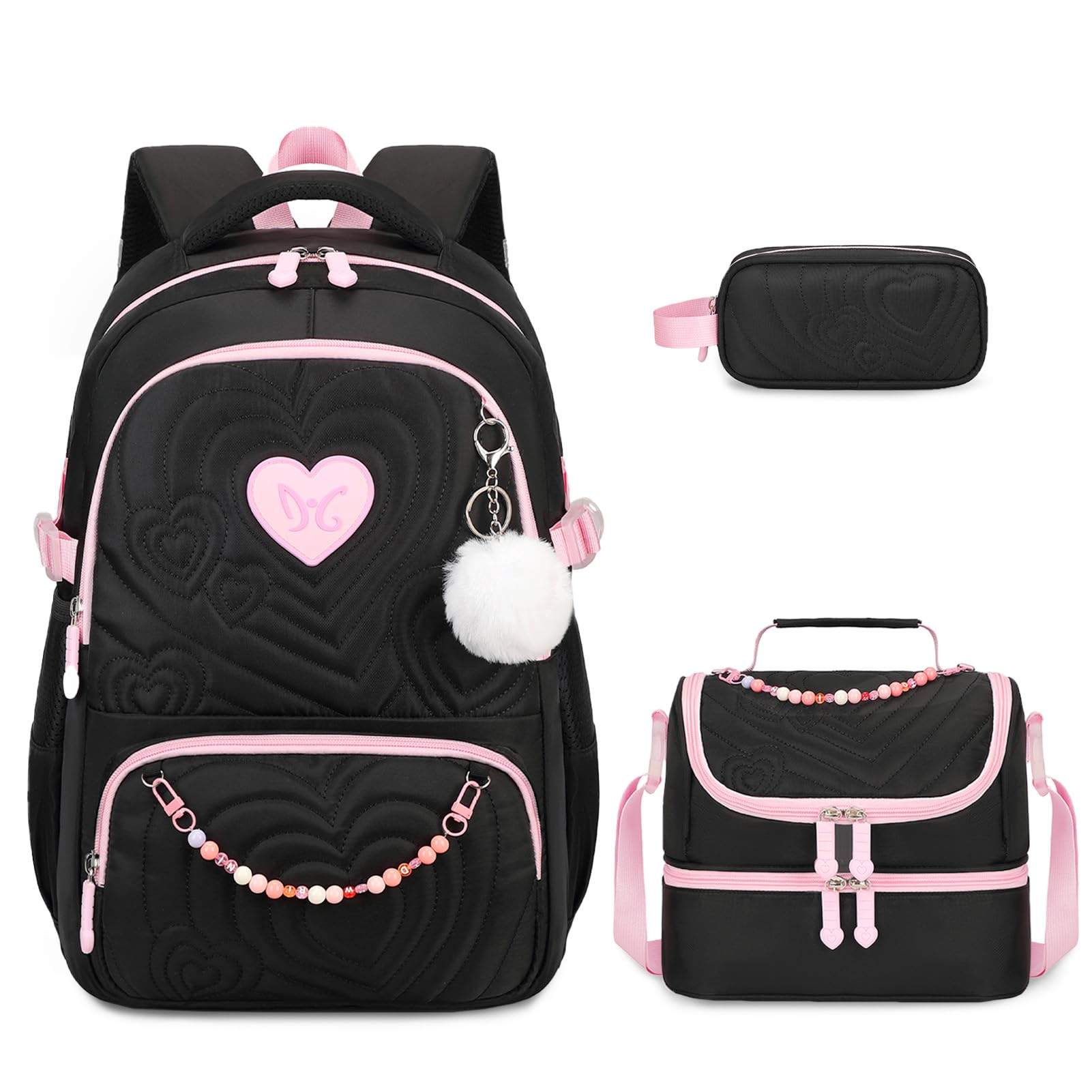 DIGOBAY Quilted Backpack for Girls with Lunch Bag Pencil Case | 3PCS Girls Backpack for Kids Teens ,Cute School Bookbag for Elementary Middle High School, Black & Pink