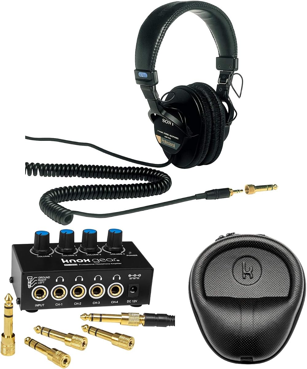 Sony MDR7506 Professional Headphones (3 Items) | 40mm Neodymium Drivers, 10hz-20khz, 63ω, Includes 4-Ch Headphone Amp and Hard-Shell Case