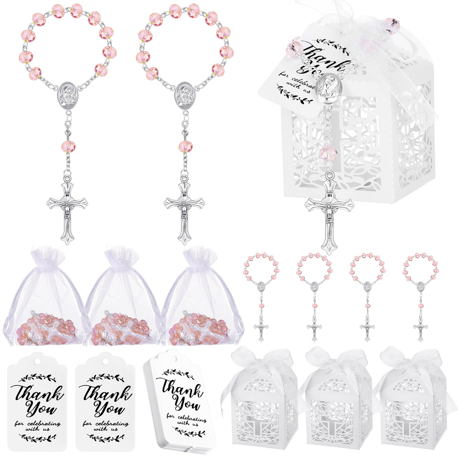 Yinkin 100 Pcs Baptism Favors Set Including 25 Mini Rosary Baptism Favors 25 Organza Bags with Drawstring 25 Thank Kraft Tags 25 Boxes for Christening