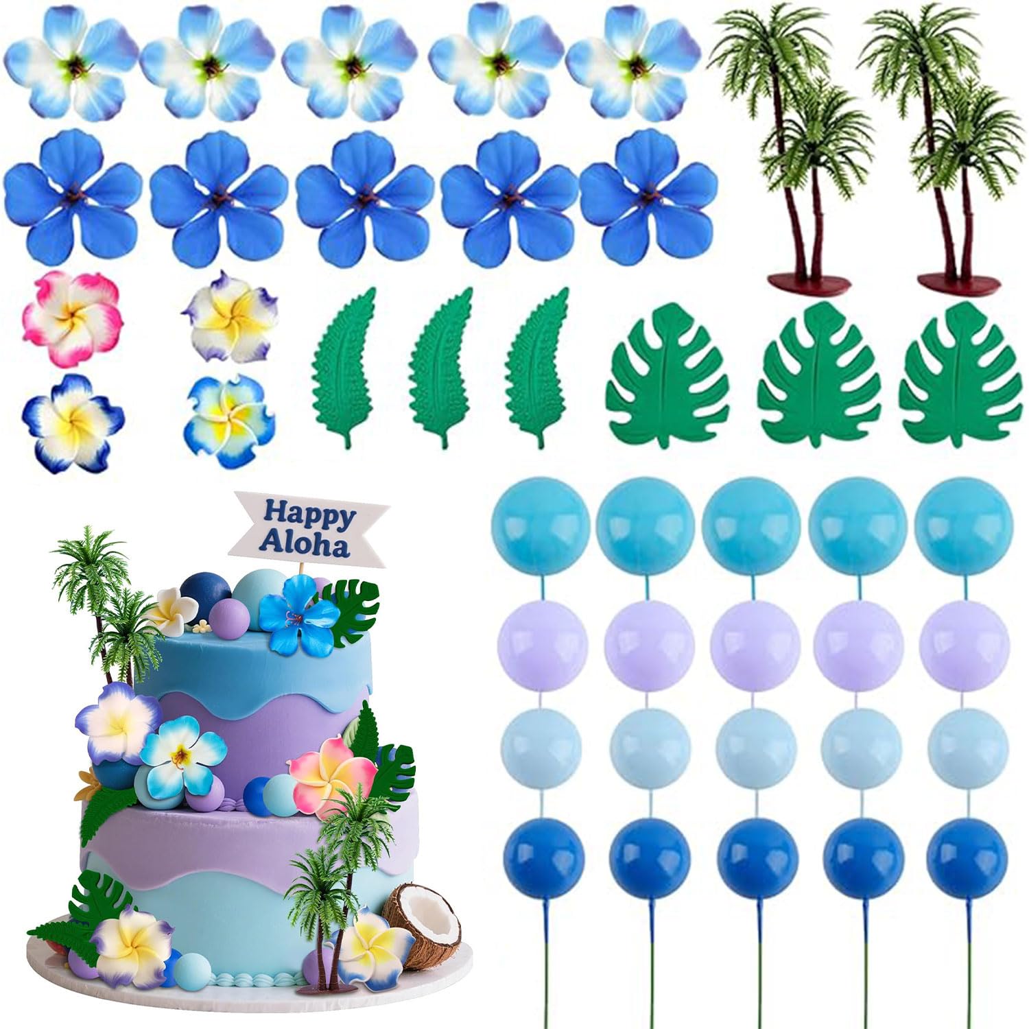 Gansdnek 42 Pcs Hawaiian Theme Cake Decoration, Tropical Cake Toppers, Summer Tropical Cake Decoration, Hawaiian Party Decoration Sets, Hawaiian Birthday Cake Decorations for Hawaiian Themed Party