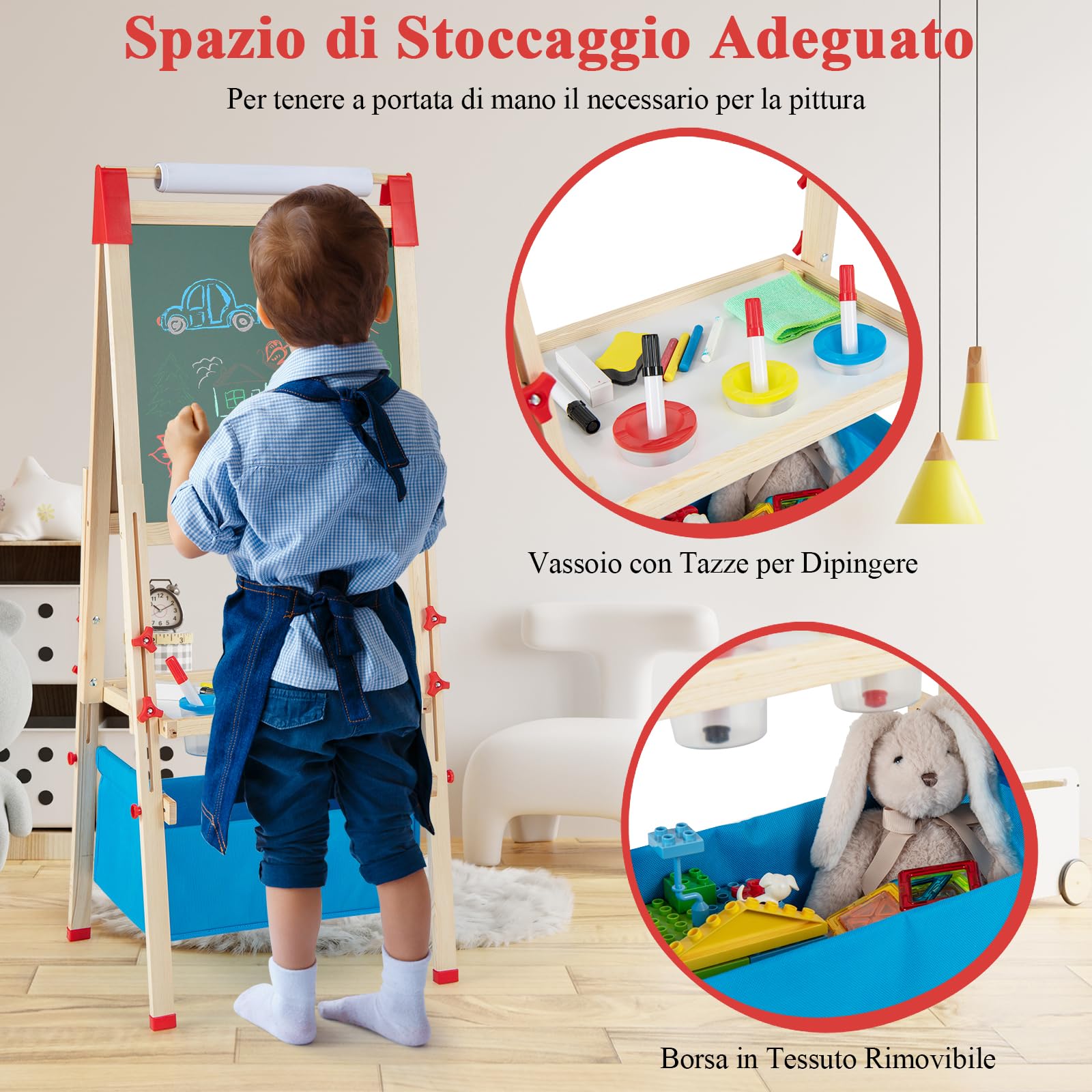 RELAX4LIFE 3-in-1 Cavalletto per Bambini Regolabile in Altezza, Cavalletto in Legno a Doppia Faccia con Lavagna Magnetica e Lavagna Bianca, Rotolo di Carta e Accessori per Pittura