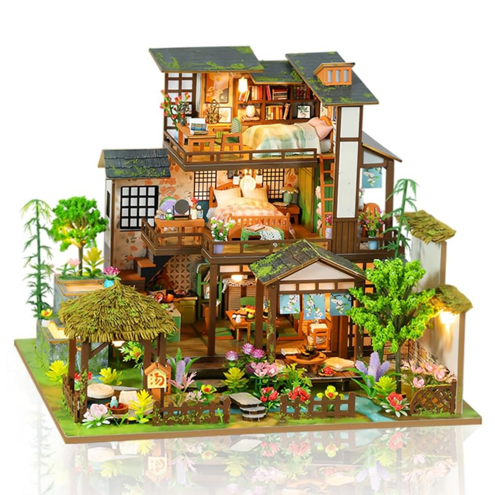 Cuteefun Zestaw miniaturowy domek dla lalek LED, drewniane rękodzieło dla dorosłych nastolatków do budowania, prezenty świąteczne na urodziny (wiosenny bambusowy dziedziń)