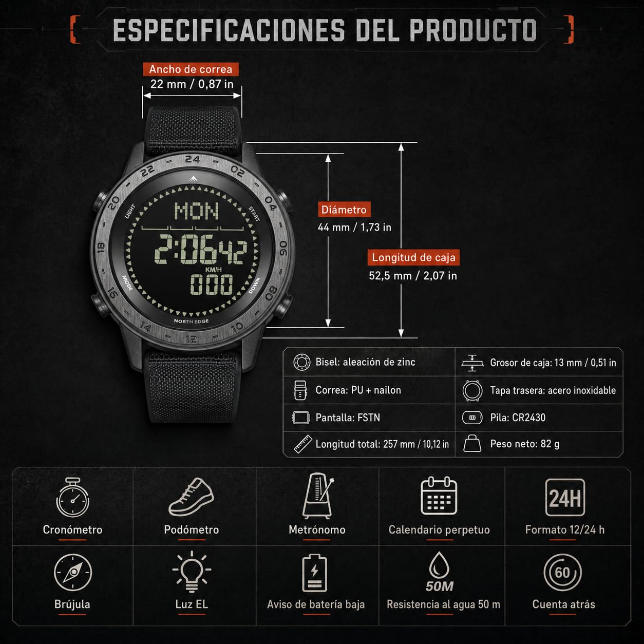 North Edge TANK3 Reloj Digital para Hombre, Podómetro 31 Días, Brújula