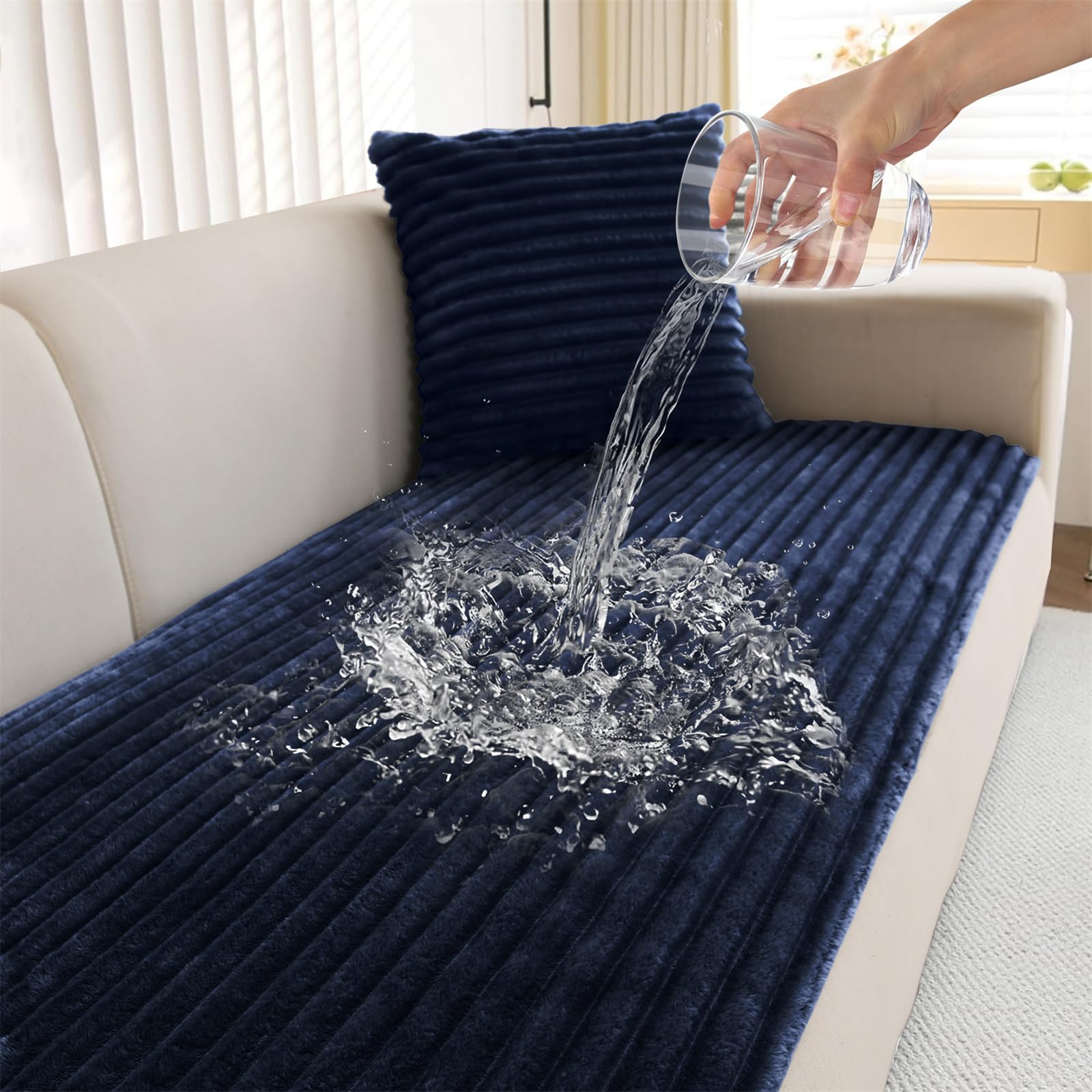 LINGKY Waterproof Sofa Covers 2 3 4 Seater Non Slip Sofa Slipcovers Super Soft & Thick Faux Fur Sofa Cushion Covers Pet Couch Covers Sofa Protectors from Pets/Kids/Dogs (Dark Blue, 90x90cm) — image 1