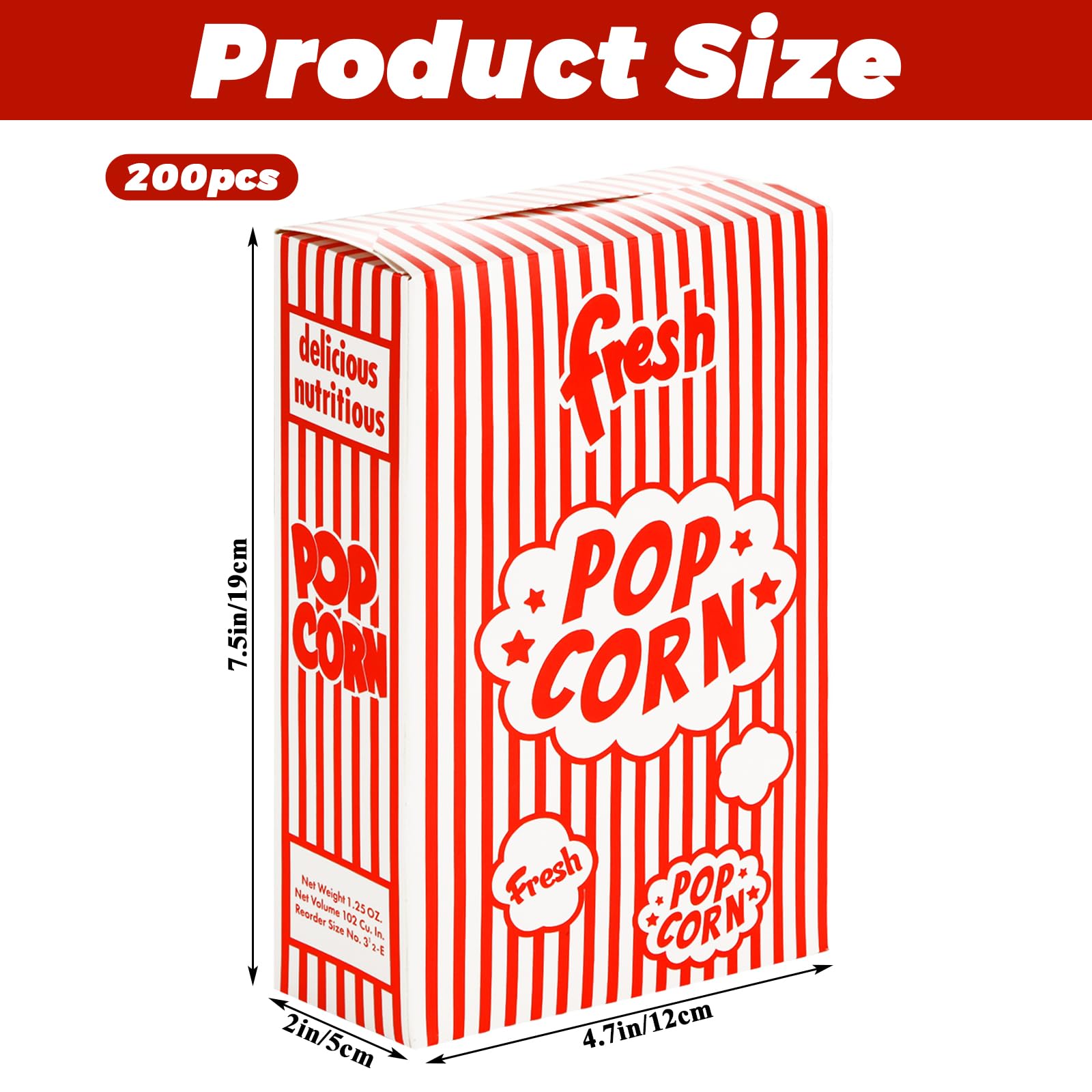 200 cajas desechables de papel para palomitas de maíz, 5 x 12 x 19 cm, bolsas de maíz a granel, porciones individuales, recipientes de palomitas de maíz a rayas rojas y blancas para fiestas