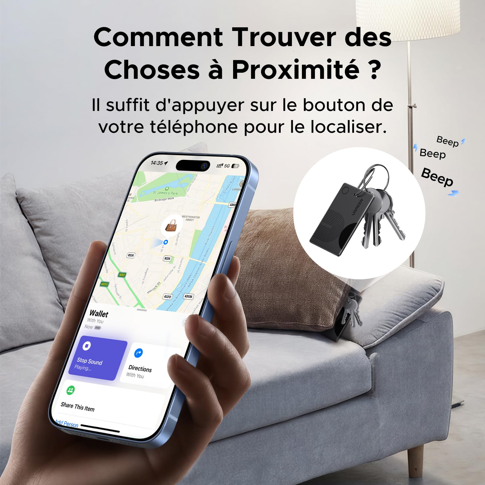 UGREEN FineTrack Slim Traceur Recharge sans Fil Finder Tag Traqueur Bluetooth Compatible avec Apple Find My (iOS Uniquement) Localisateur Objet Étanche IP68 pour Portefeuille Valise