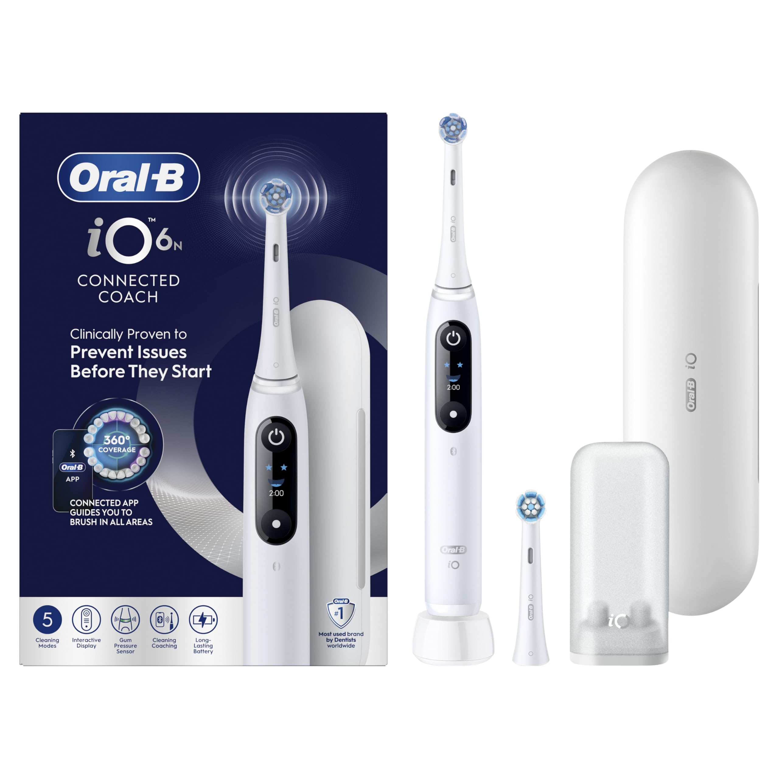 Oral-B Elektrische Zahnbürste iO 6, 2 Ersatzbürsten, weiß – 5 Putzmodi, einschließlich Aufhellung und Zahnfleischpflege, Drucksensor, wiederaufladbarer Akku, interaktives Display, Etui