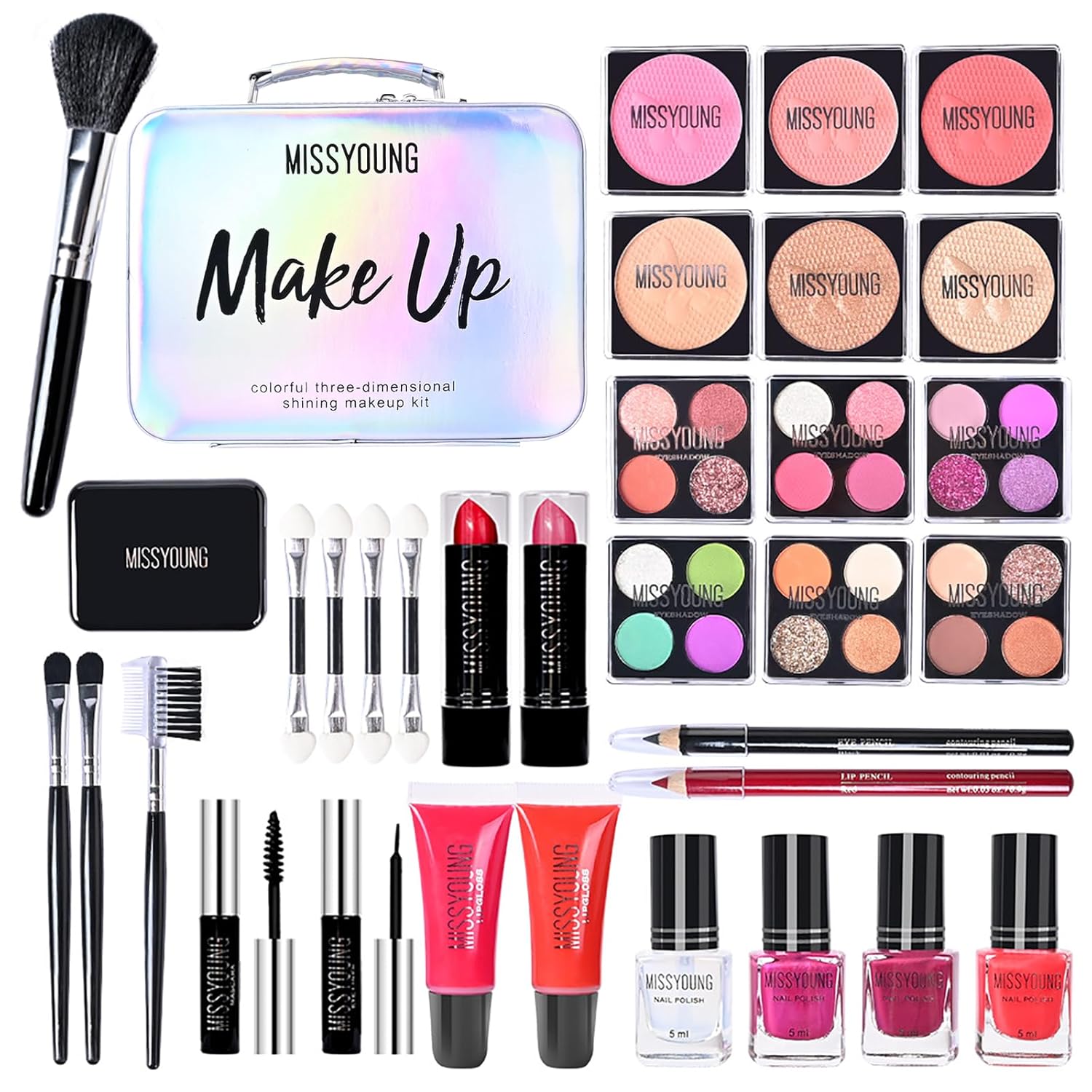 All-in-One Makeup Kit with silvery Storage Case: Complete Cosmetic Set of 6 Eyeshadow Palettes, Blush, Lipstick, Brushes & Portable Makeup Organizer