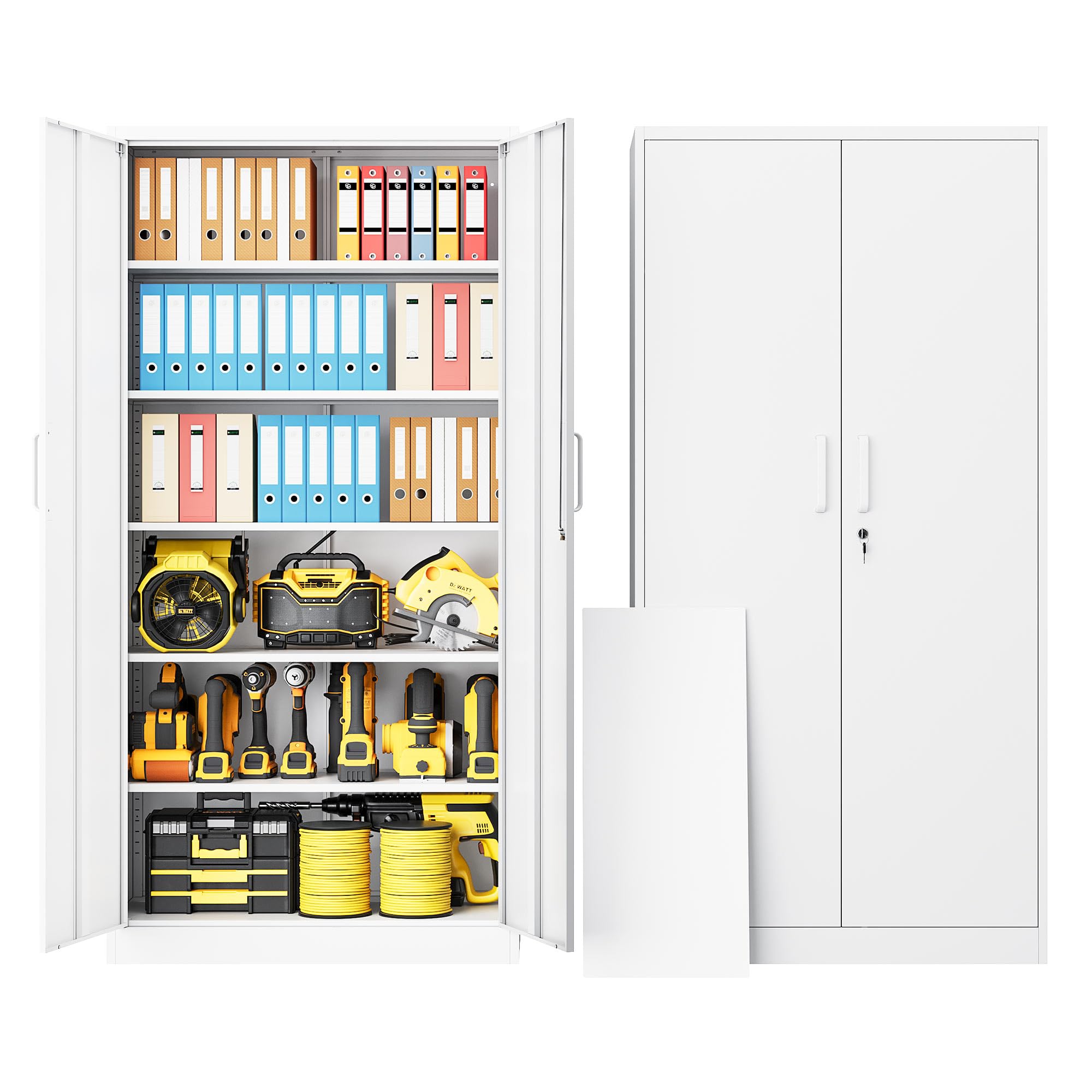 LISSIMO Metal Garage Storage Cabinet, 72" Tall White Tool Cabinet with Lockable Doors and 5 Adjustbale Shelves for Garage,HomeOffice