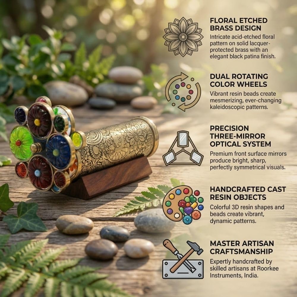 Handcrafted Etched Floral Pattern Lacquered Brass Kaleidoscope Includes Two Separate Turning Wheels-A Perfect Addition to any Collection. (7"x1.5")