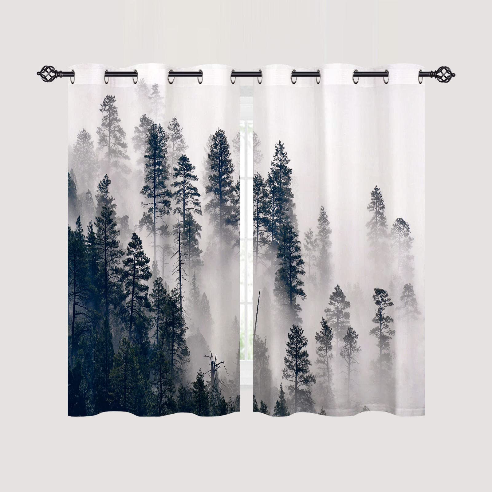 ANHOPE Misty Forest Curtains Eyelet 80% Blackout Room Darkening Curtains with Foggy Mountain Woodland Tree Print Pattern Light Blocking Window Drapes for Bedroom Living Room 46 x 54 Inch Drop 2 Panels - Image 2
