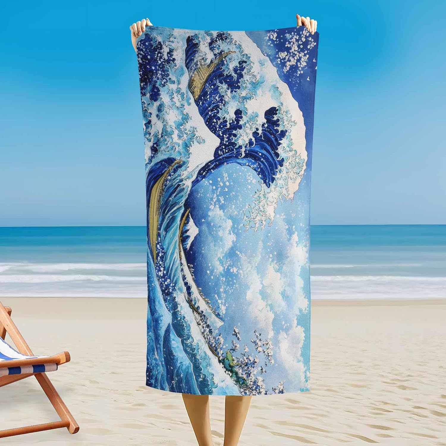 Japanese Wave Outdoor Magnetic Bath Towel, Sea Wave Magnet Towels - 40 x 70 Inches Large Asian Beach Towel Soft Quick Dry Absorbent Sand-Resistant for Swimming, Pool, Travel, Camping