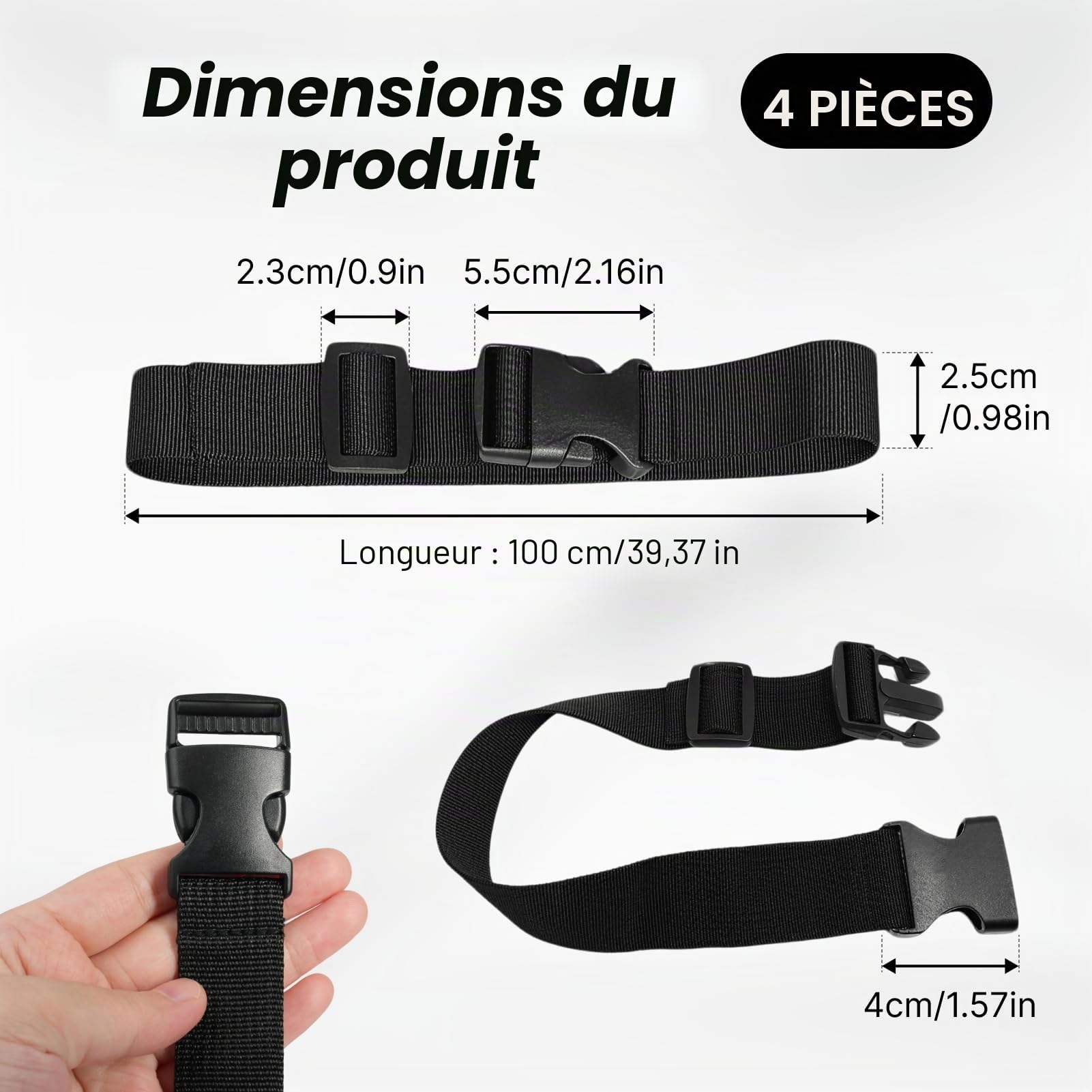 Lot De 4 Sangle Poitrine A Dos Réglable, Sangle pour Sac Boucle Rapide, Poitrine Nylon Robuste, Confort et Antidérapant, Réduit la Pression, pour Randonnée Camping Voyage Course (2,5cm x 100cm, Noir)