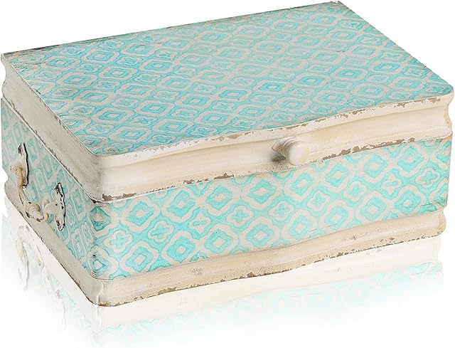 NIKKY HOME Large Wooden Keepsake Box with Hinged Lid, Hand-Painted Vintage Decorative Memory Storage Stash Box, 13 x 9.1 x 4.9 Inches, Pale Blue and Ivory
