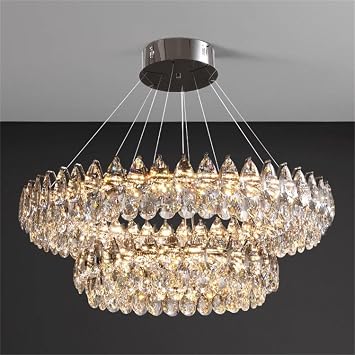 Modern Crystal Chandelier for Dining Room Luxury Silver Crystal 2-Tier Chandelier for Living Room Dimmable LED 80Cm Ring Pendant Light Adjustable Dimmable 3000K-6000K