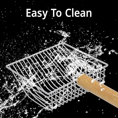 Miniatura 7 de UFECODO Cuchara de arena para gatos de tamizado rápido con soporte de soporte, pala de acero inoxidable con mango de madera ergonómico, resistente y