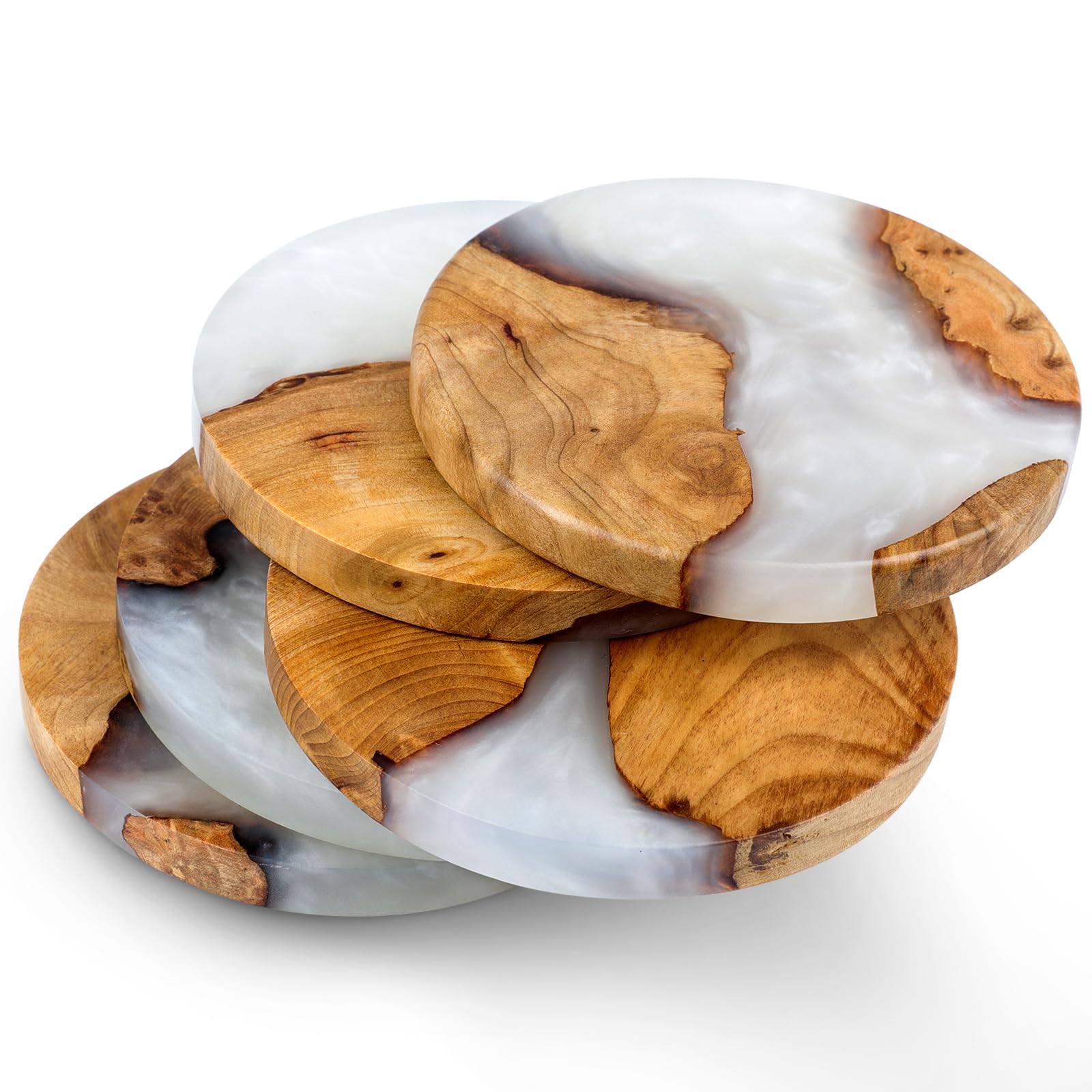 Drink Coaster Set, Wooden Absorbent Coasters, Epoxy Resin Coaster for Coffee Table, Tabletop Protection Decor, Set of 5 with Holder