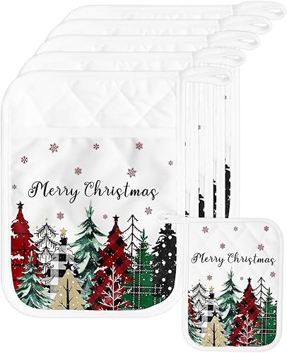 Christmas White 4Pcs Pot Holders for Kitchen, Non Slip & Heat Insulation Terry Cloth Potholder Set with Pocket, Thick Hot Pad Oven Mitts Trivet