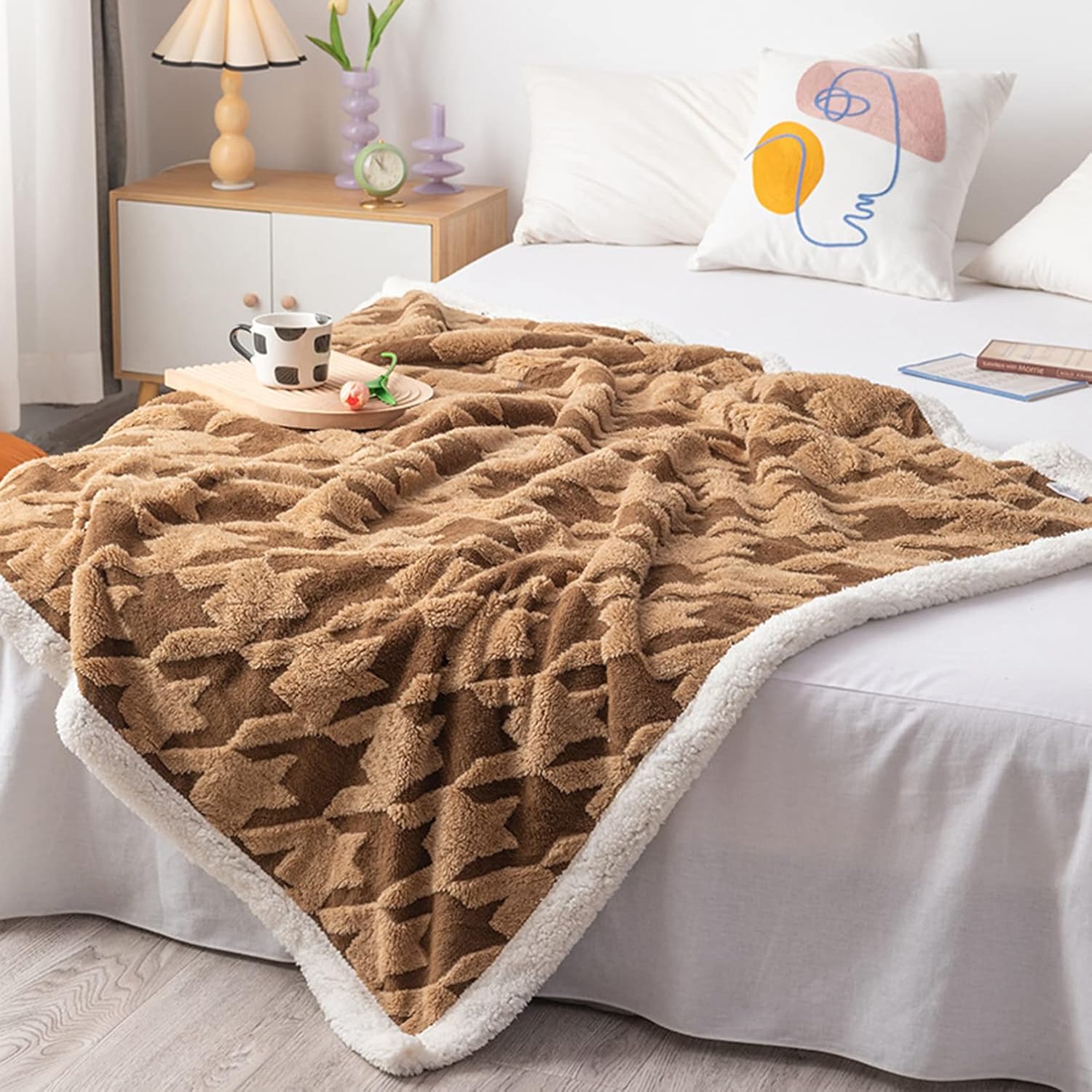 Winter Sherpa Fleece Throw, Super Warm Blanket Soft Blanket Throw Luxurious Sofa Throw for Sofa Armchair -Khaki-130×160cm (51×63inch)