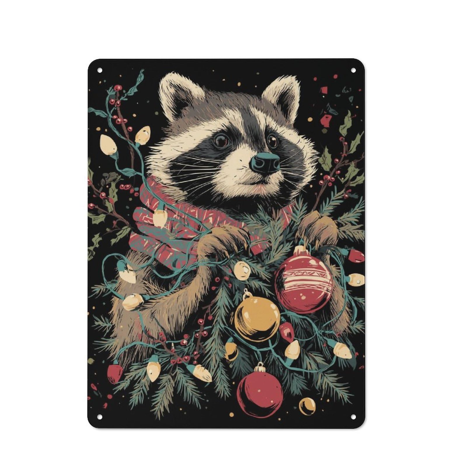 Junmoney Raccoon's Christmas Glow Loft Style Metal Wall Sign 40X30cm Featuring Studio Wall Art For Loft, Studio, Office Or Creative Room
