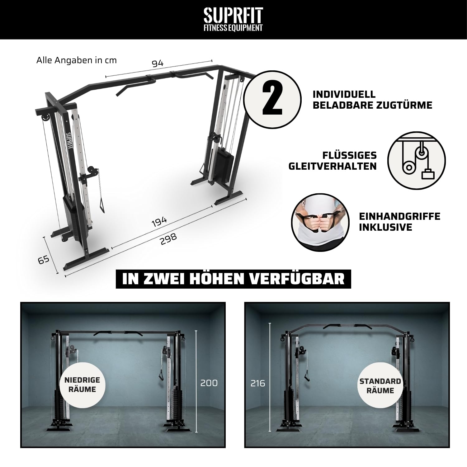 SUPRFIT - Kabelzug Fitness Kraftstation für zuhause inkl. Steckgewichte bis 81kg Zuglast pro Seite - Robuste Kabelzugstation mit Klimmzugsstange & Griffen für Diverse Übungen im Homegym - 298x216cm