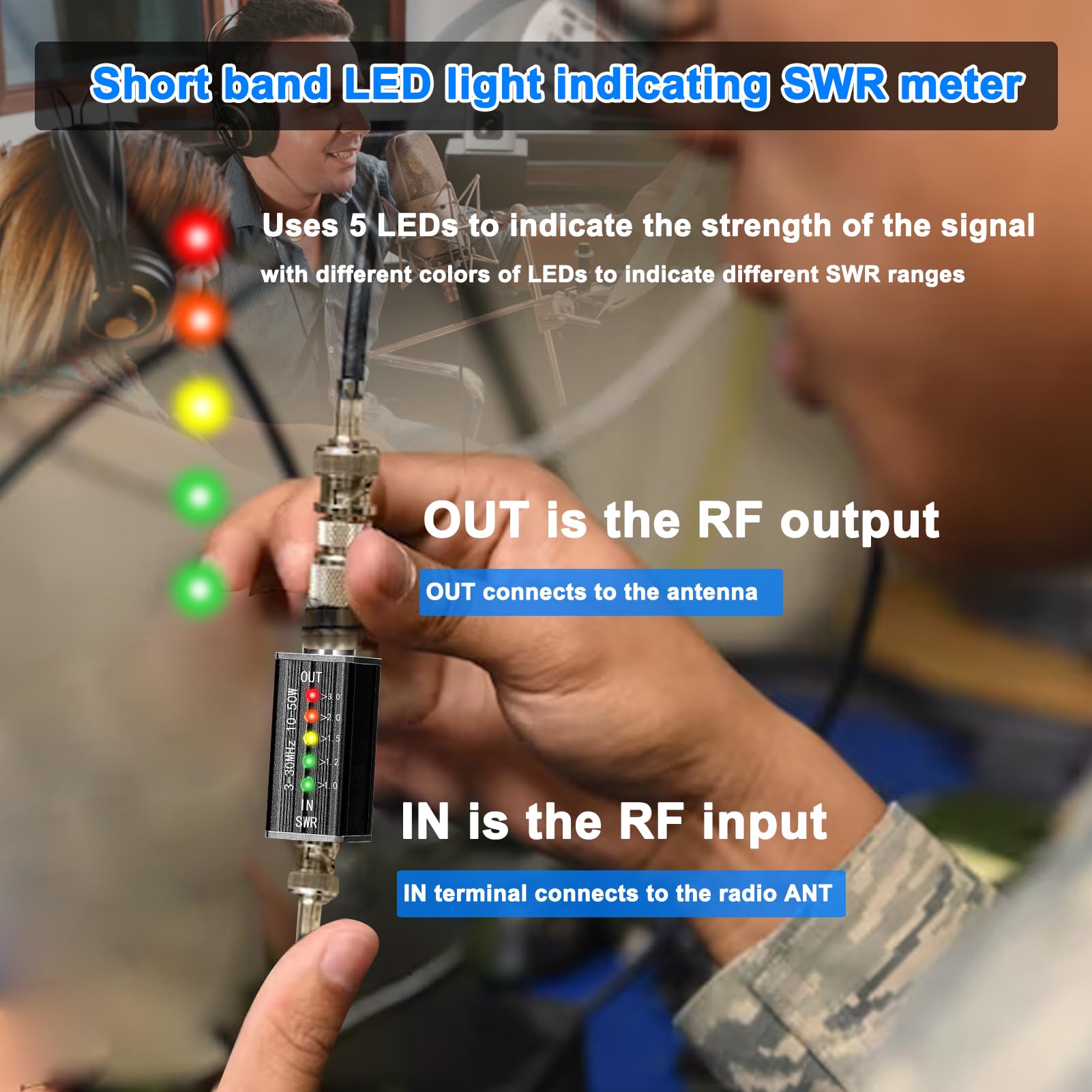 Indicatore LED SWR Meter 3-30MHz Frequenza onde corte onde stazionarie indicatore con 5 LED M interfaccia femmina