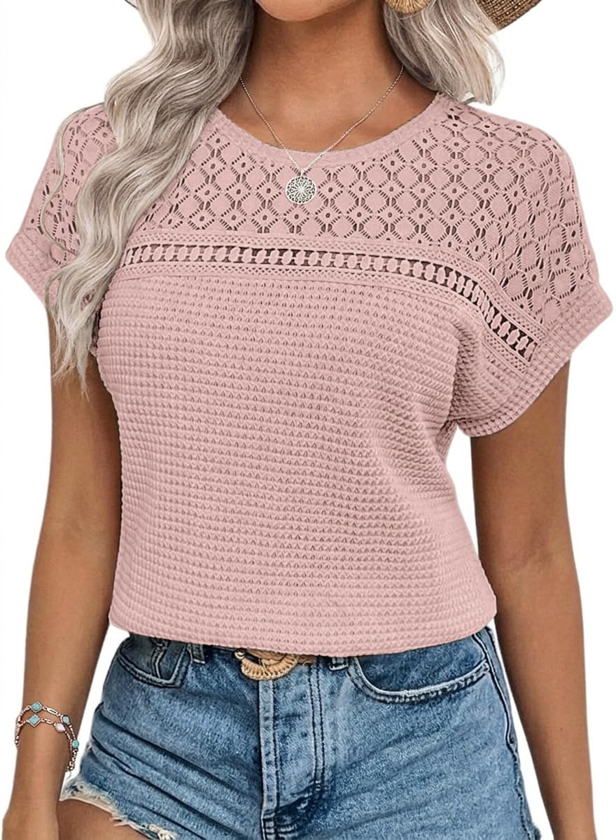 Chicrise Blouse Women's Elegant Short Sleeve Lace Tops Crochet Crew Neck T-Shirt Summer, pink, XXL