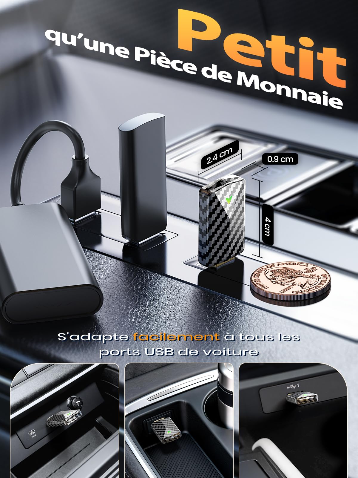 Mini Adaptateur CarPlay sans Fil & Android Auto sans Fil, Fibre de Carbone, Métal USB-A/C, Version Stable, Plug & Play, Voitures 2016+, Compatible avec Apple iPhone (iOS 10+) et Android 10+